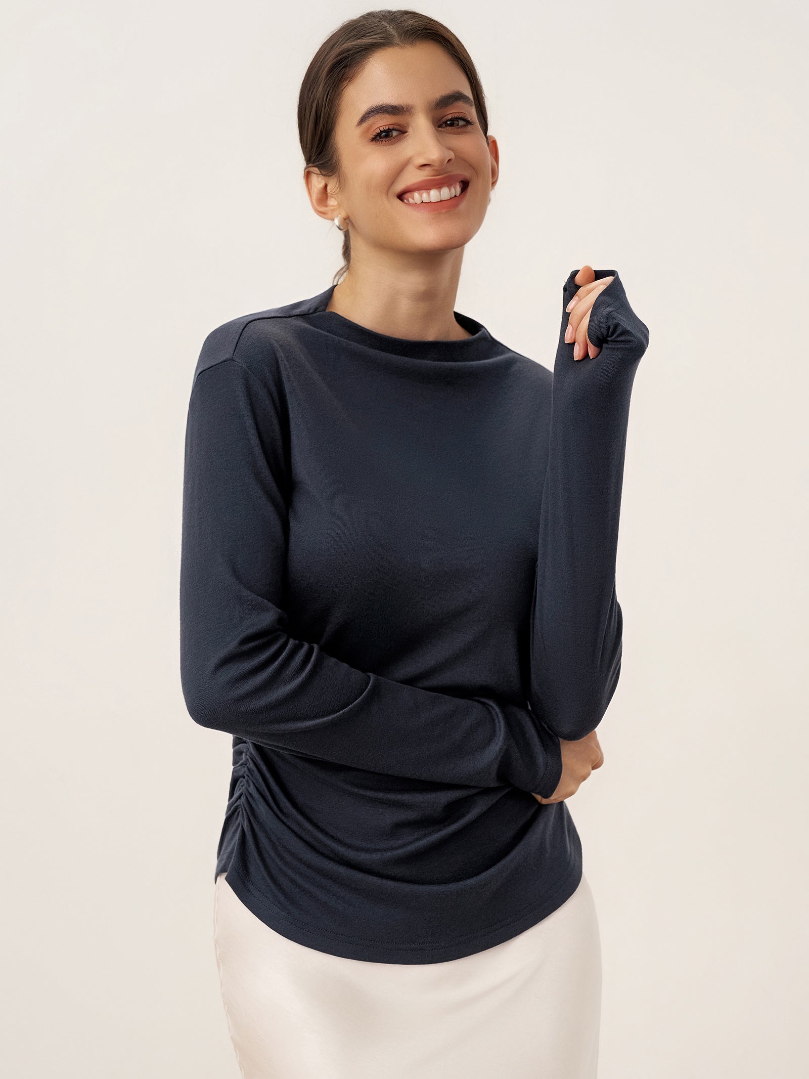 LINTICO LINTICO Wool Mock Neck Waist Pleat Top ISOLDE — lifestyle worn / used context