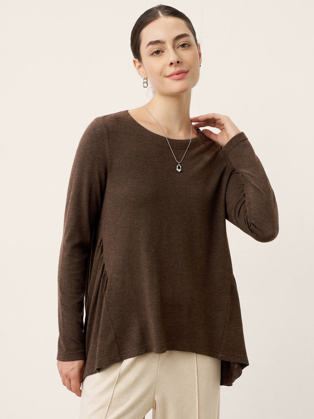 LINTICO LINTICO Wool Panelled Ruched Asymmetric Hem Top KALISTA — LINTICO branding close-up