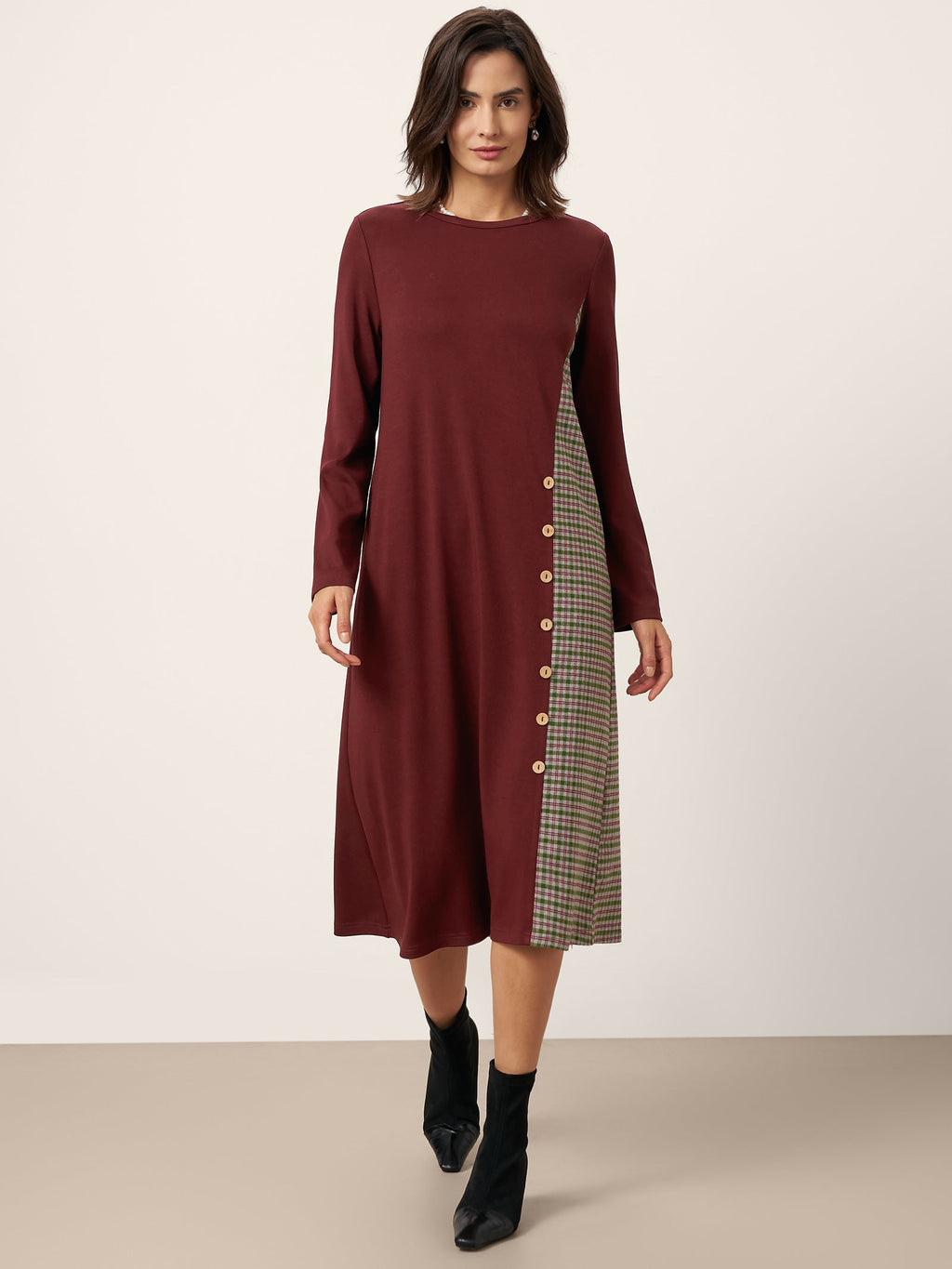 LINTICO LINTICO Wool Plaid Panel Midi Dress ALIA — dresses-midi dresses category context