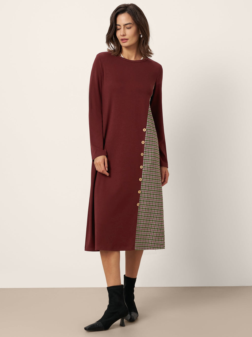 LINTICO LINTICO Wool Plaid Panel Midi Dress ALIA — main product shot