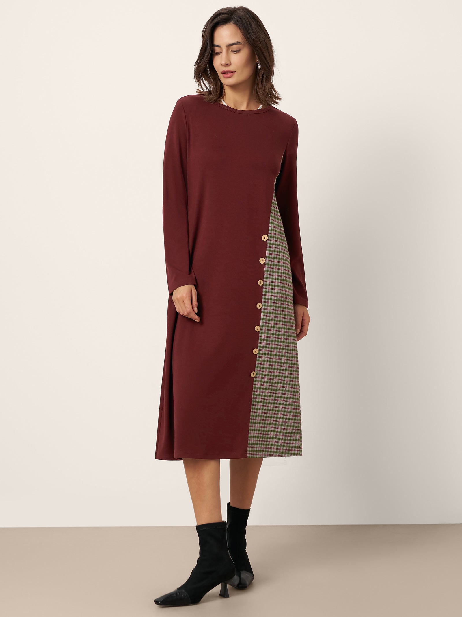 LINTICO LINTICO Wool Plaid Panel Midi Dress ALIA — main product shot