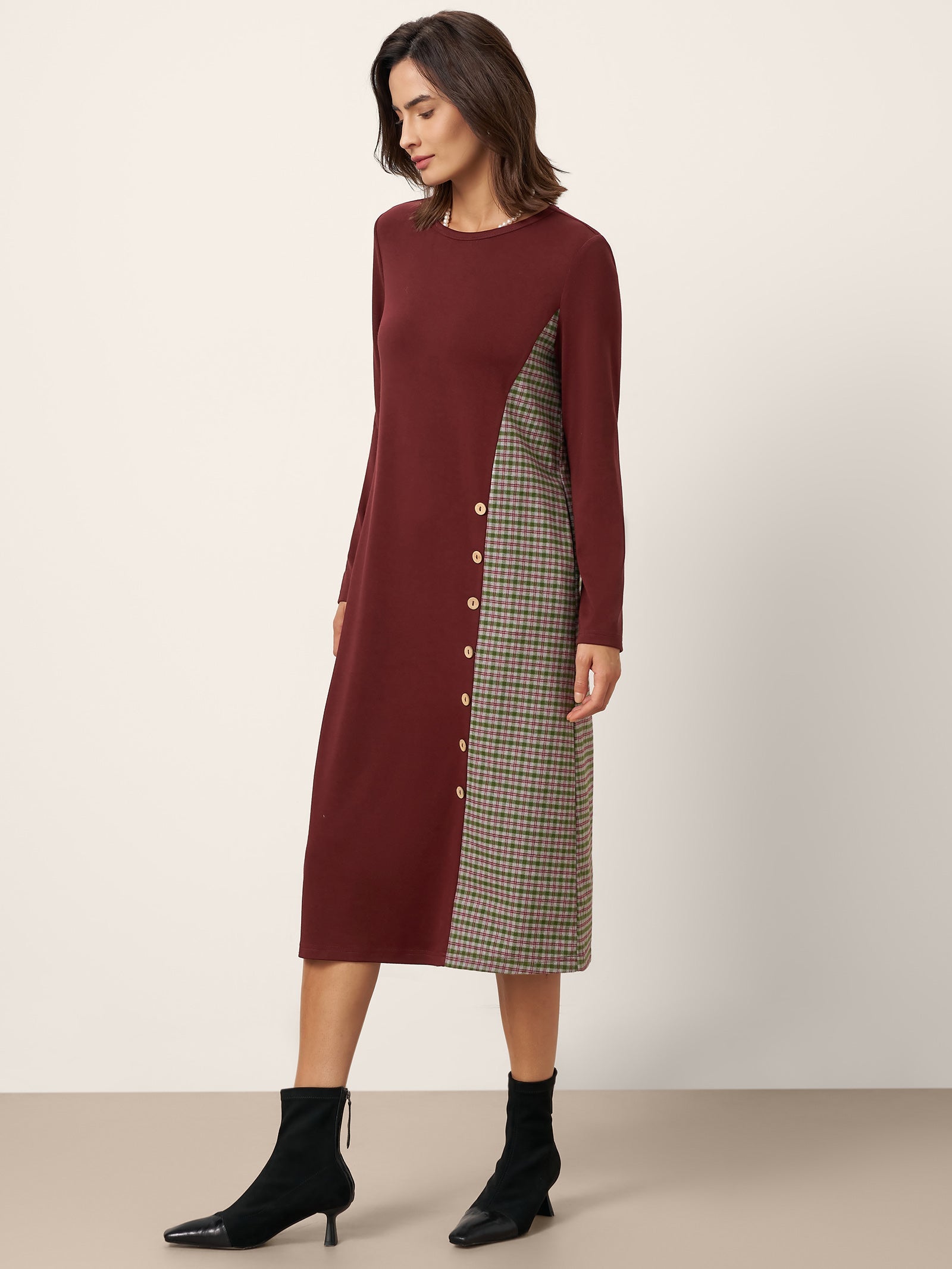 LINTICO LINTICO Wool Plaid Panel Midi Dress ALIA — LINTICO branding close-up