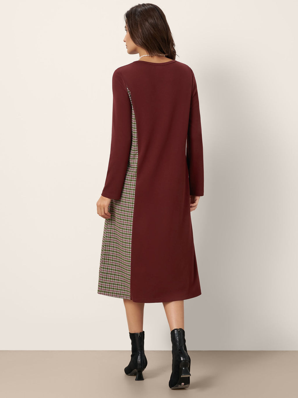 LINTICO LINTICO Wool Plaid Panel Midi Dress ALIA — construction detail