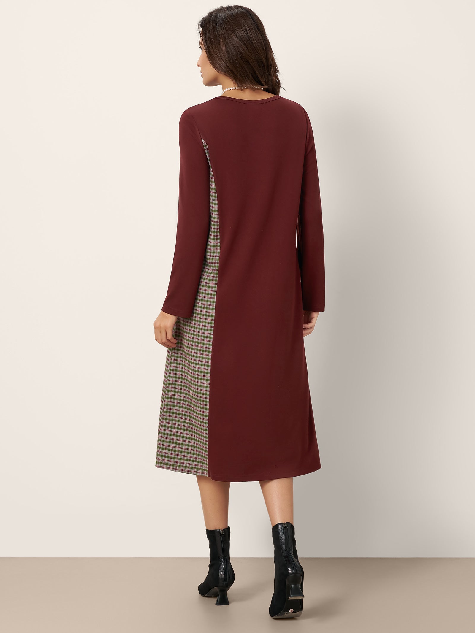 LINTICO LINTICO Wool Plaid Panel Midi Dress ALIA — construction detail