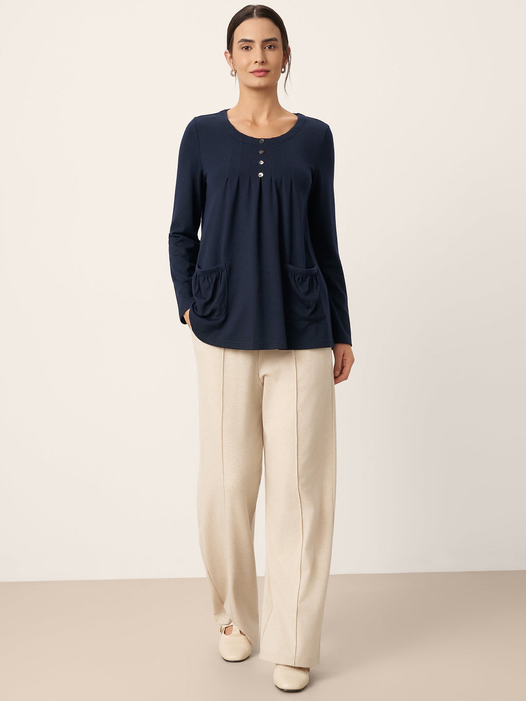 LINTICO LINTICO Wool Pleated Front Long Sleeve Top IVA — lifestyle worn / used context