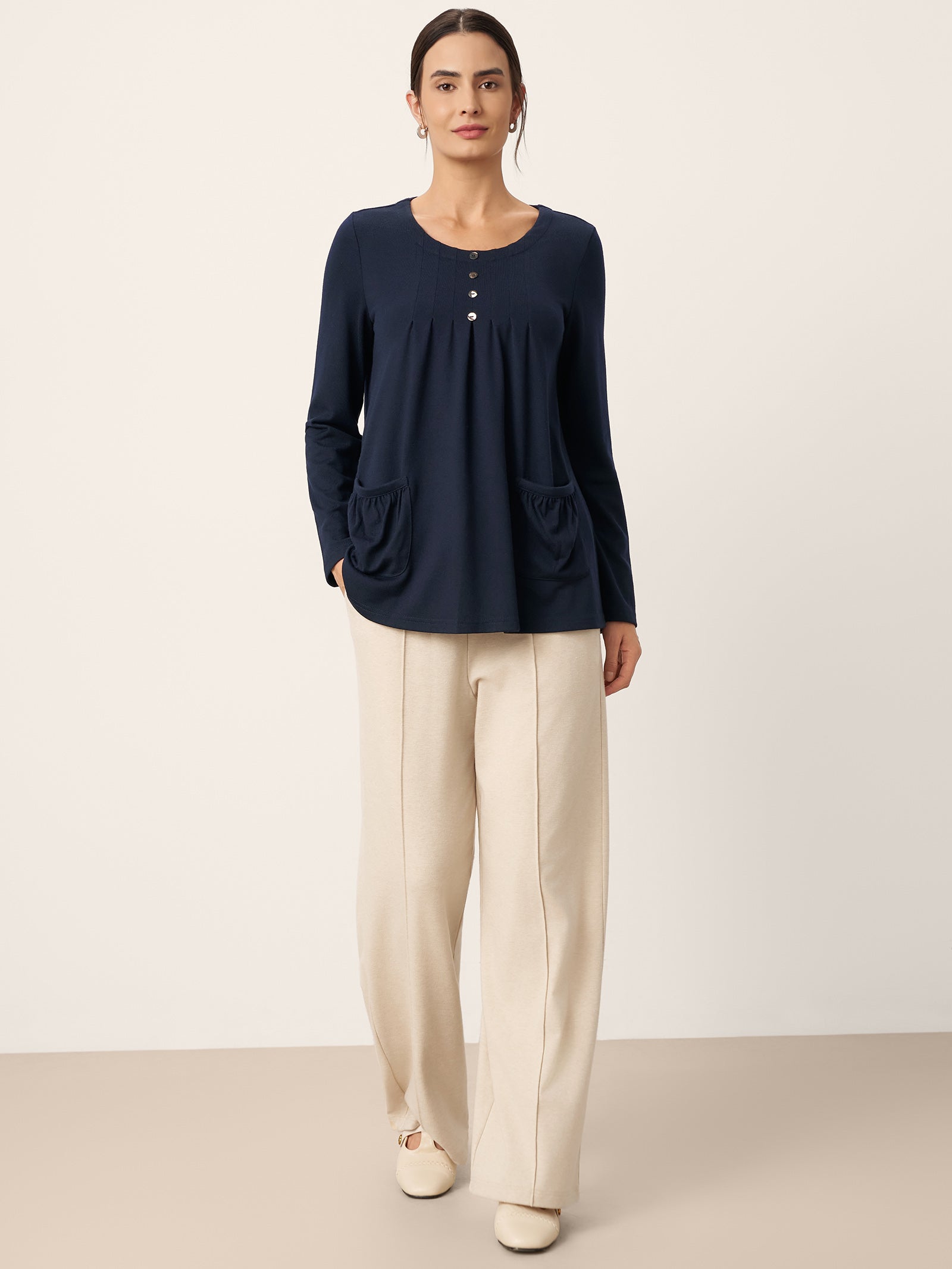 LINTICO LINTICO Wool Pleated Front Long Sleeve Top IVA — lifestyle worn / used context