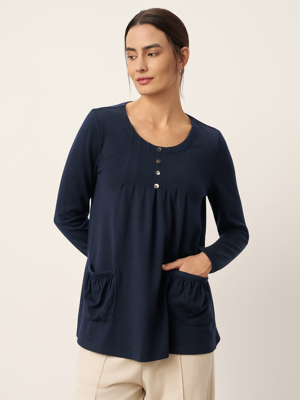 LINTICO LINTICO Wool Pleated Front Long Sleeve Top IVA — tops-jersey tops category context