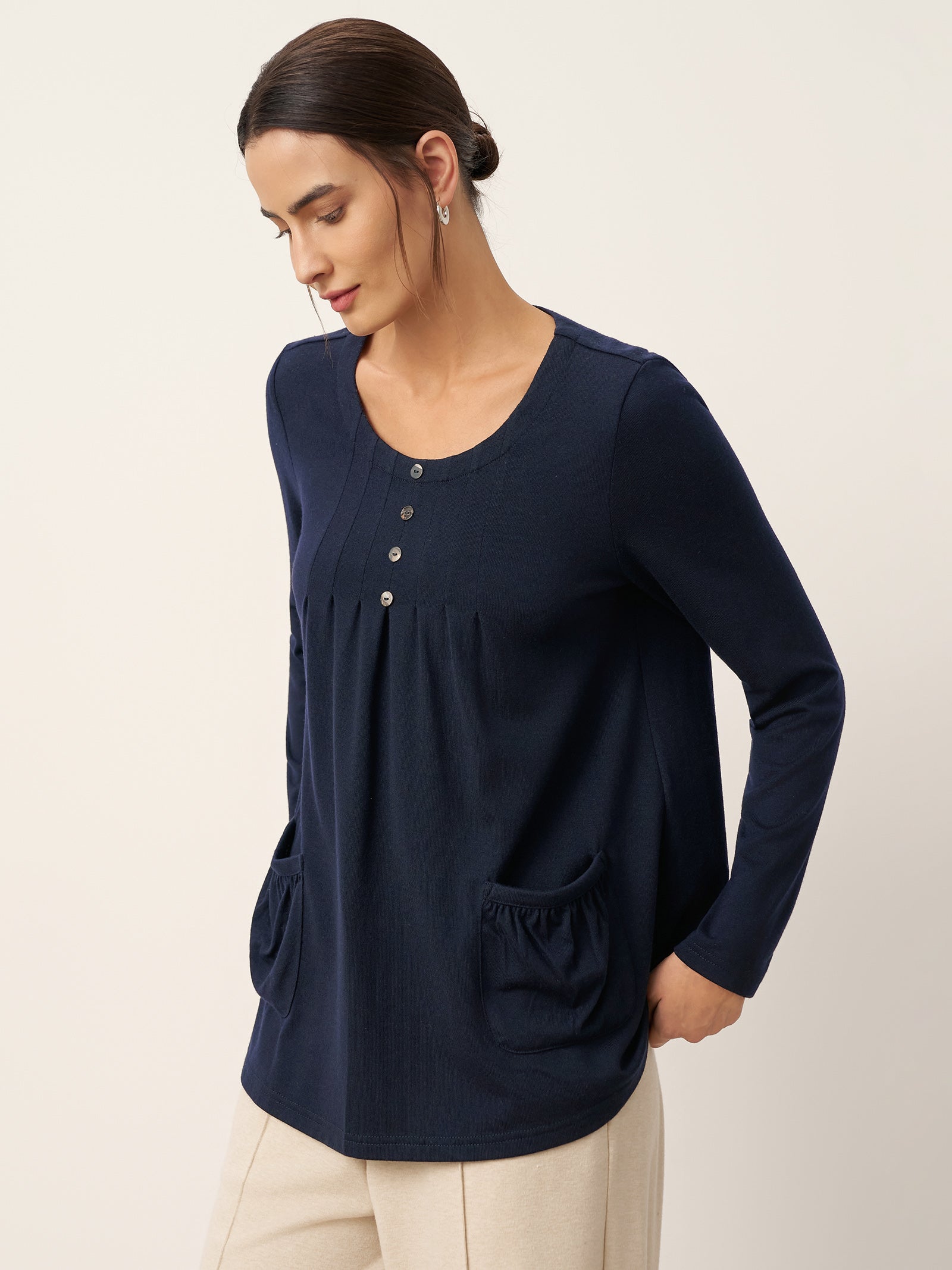 LINTICO LINTICO Wool Pleated Front Long Sleeve Top IVA — Long Sleeve detail