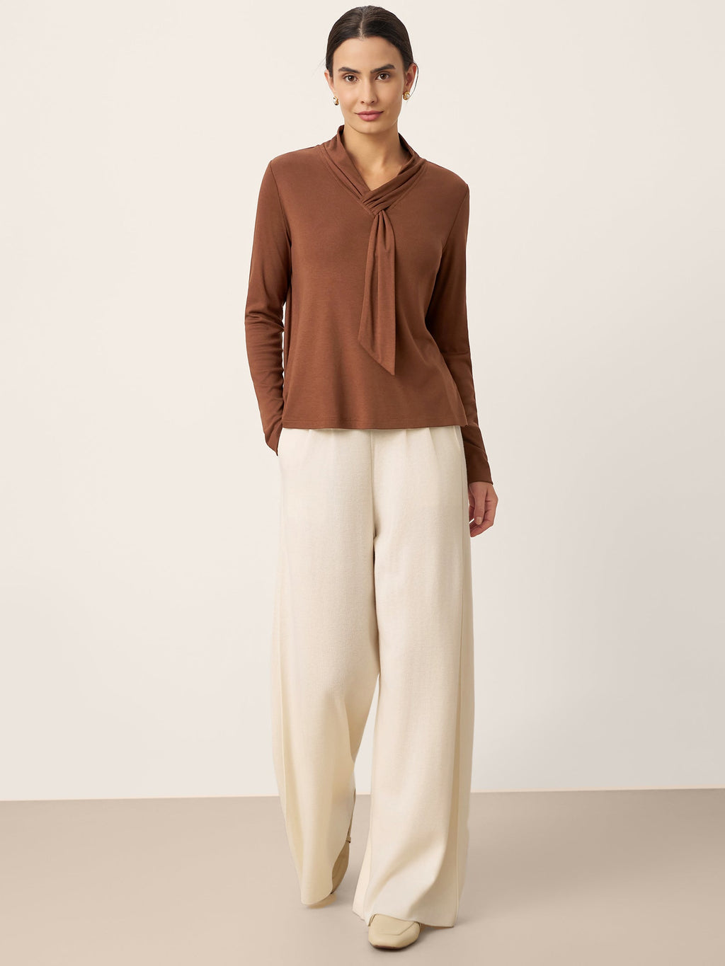 LINTICO Wool Scarf Collar Long Sleeve Top ALESSIA — LINTICO branding close-up