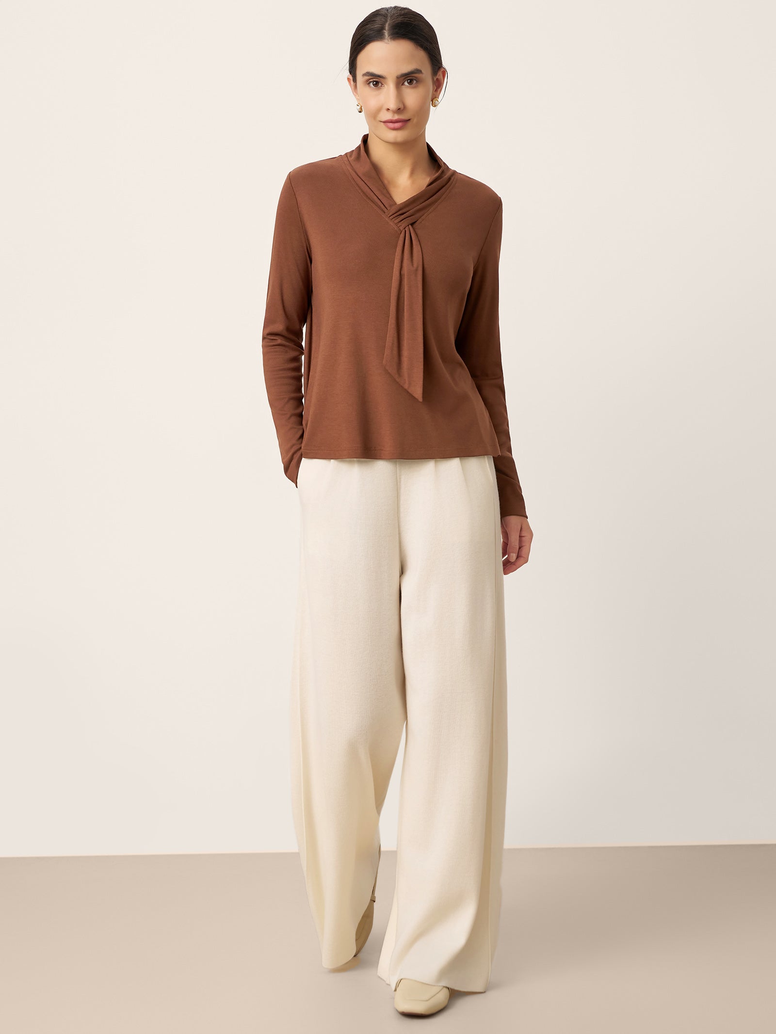 LINTICO Wool Scarf Collar Long Sleeve Top ALESSIA — LINTICO branding close-up