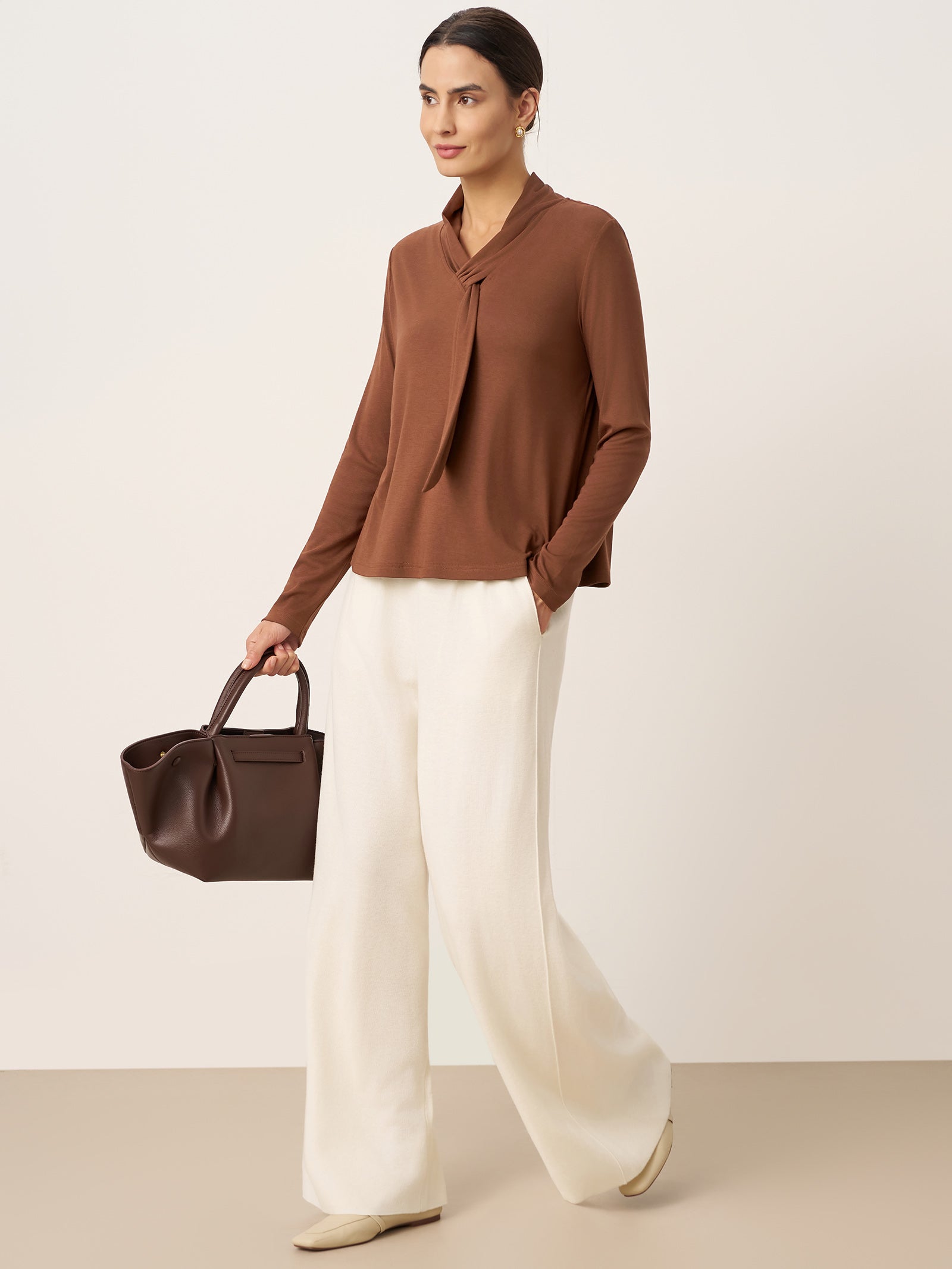 LINTICO Wool Scarf Collar Long Sleeve Top ALESSIA — lifestyle worn / used context
