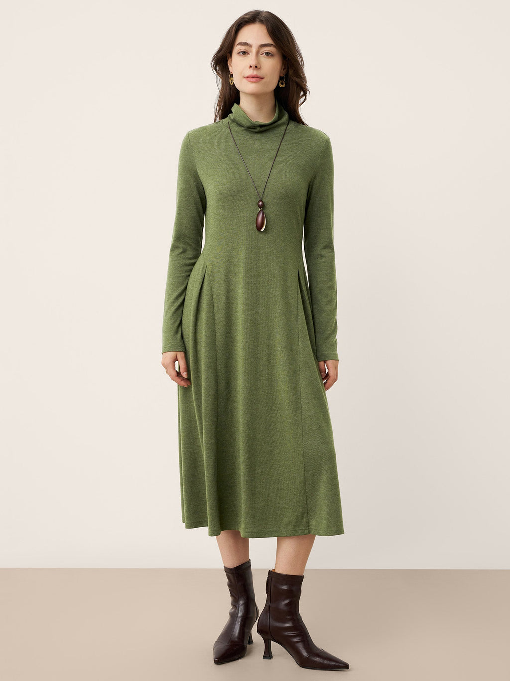 LINTICO LINTICO Wool Sculpted Pleats Turtleneck Maxi Dress BRIAR — main product shot