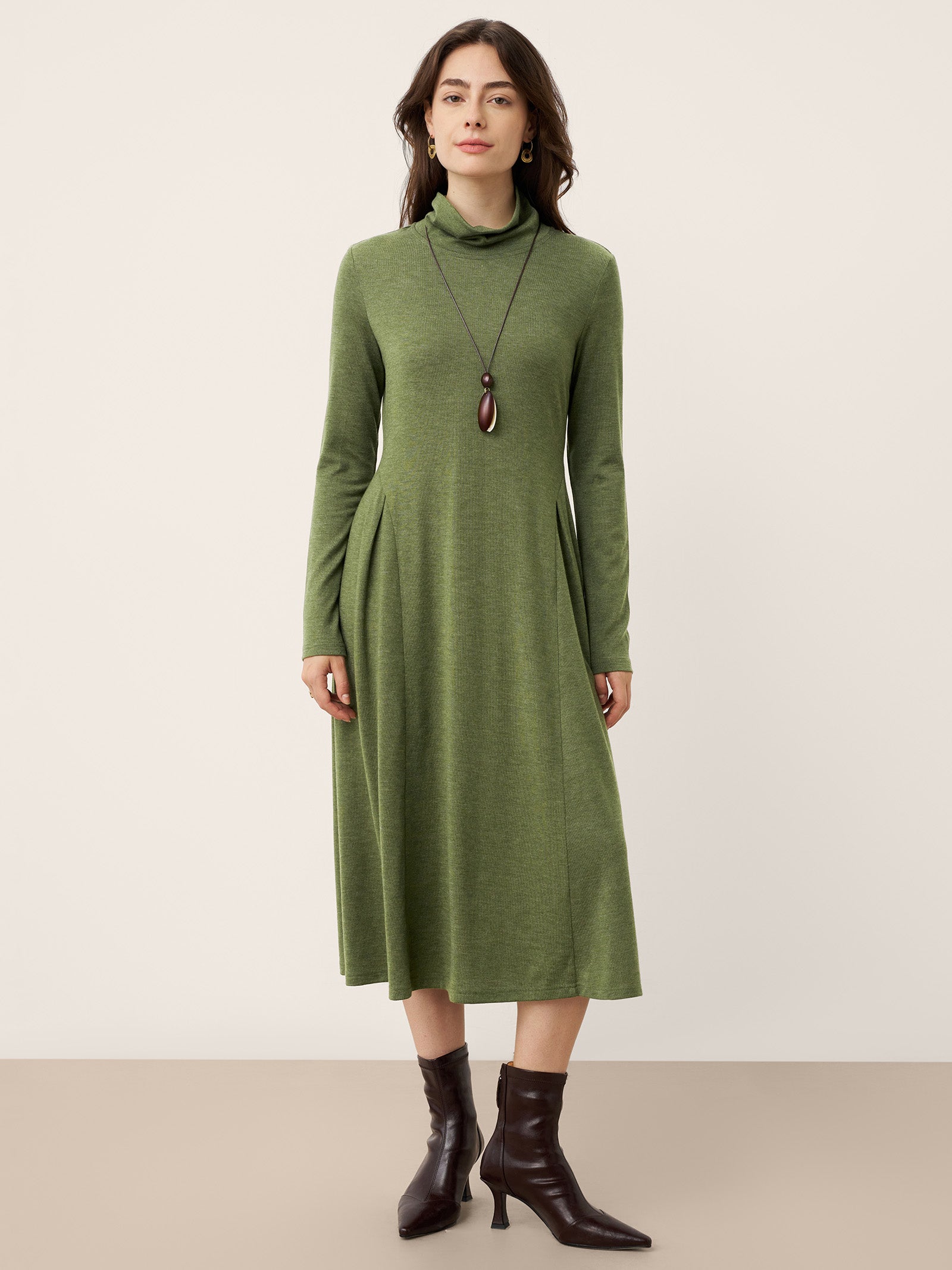 LINTICO LINTICO Wool Sculpted Pleats Turtleneck Maxi Dress BRIAR — main product shot