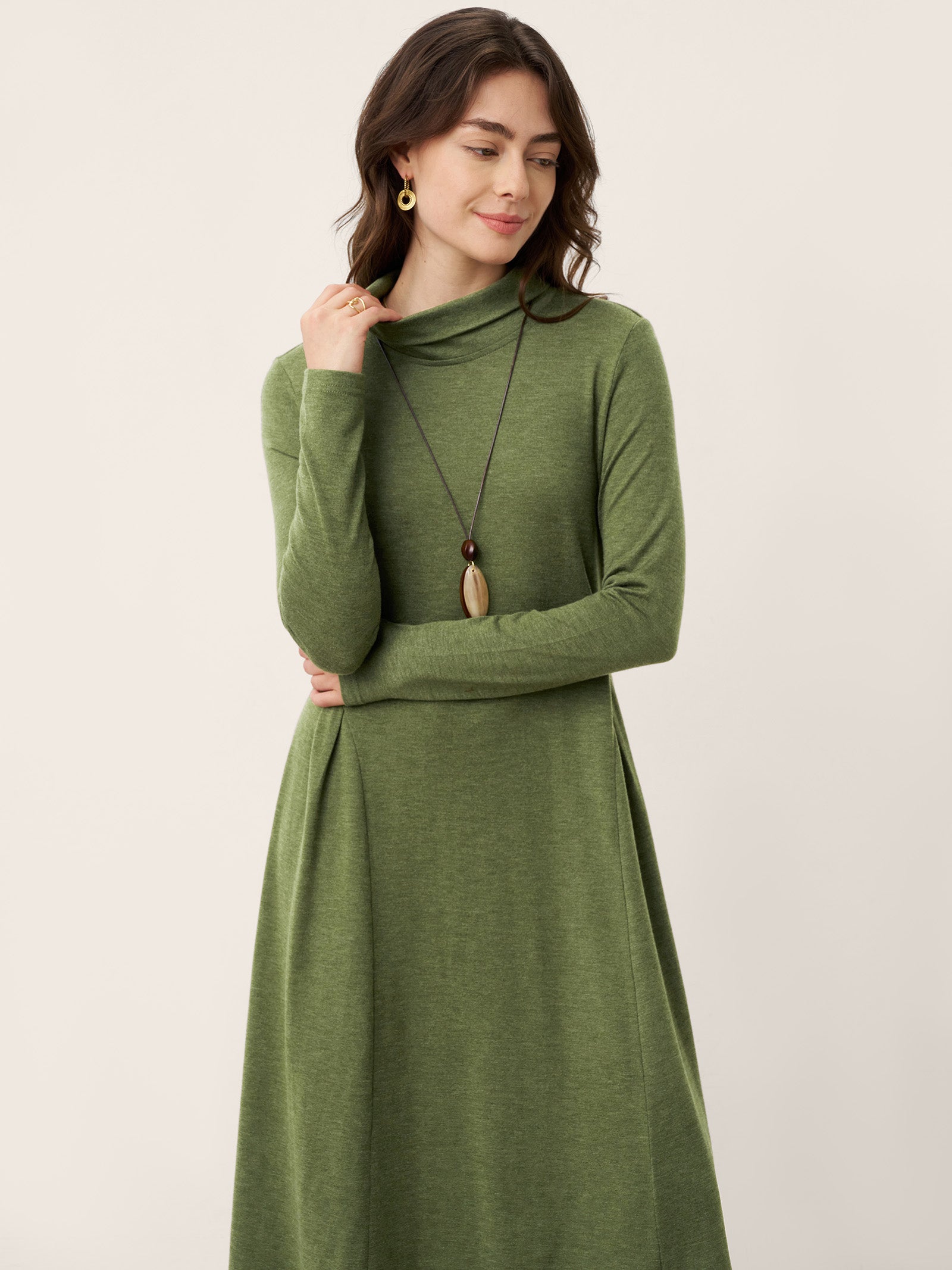 LINTICO LINTICO Wool Sculpted Pleats Turtleneck Maxi Dress BRIAR — lifestyle worn / used context