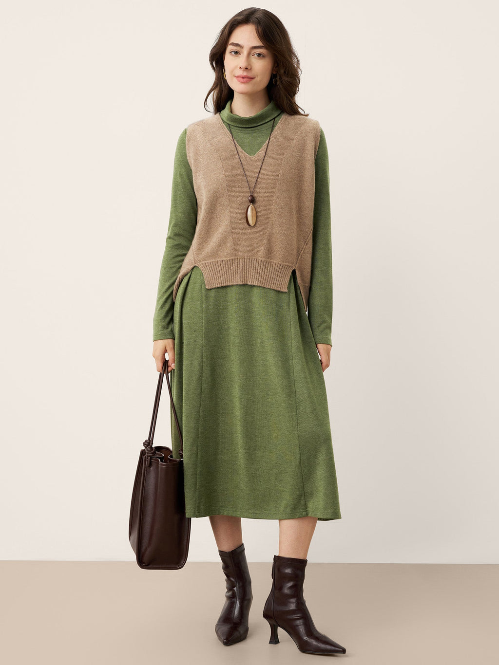 LINTICO LINTICO Wool Sculpted Pleats Turtleneck Maxi Dress BRIAR — detail shot 6