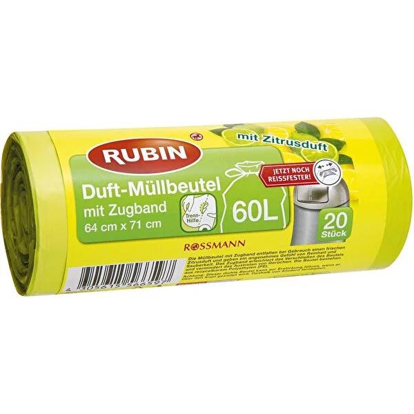 Rubin 60L Lemon Scented Trash Bags with Drawstring - 20 Pack - Eco-Friendly Cleaning Supplies