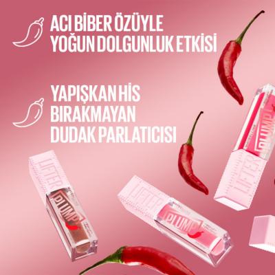 Maybelline Lifter Plump Lip Gloss - 001 Blush Blaze, Non-Sticky, Long-Lasting Lip Plumper with Chili Pepper Extract