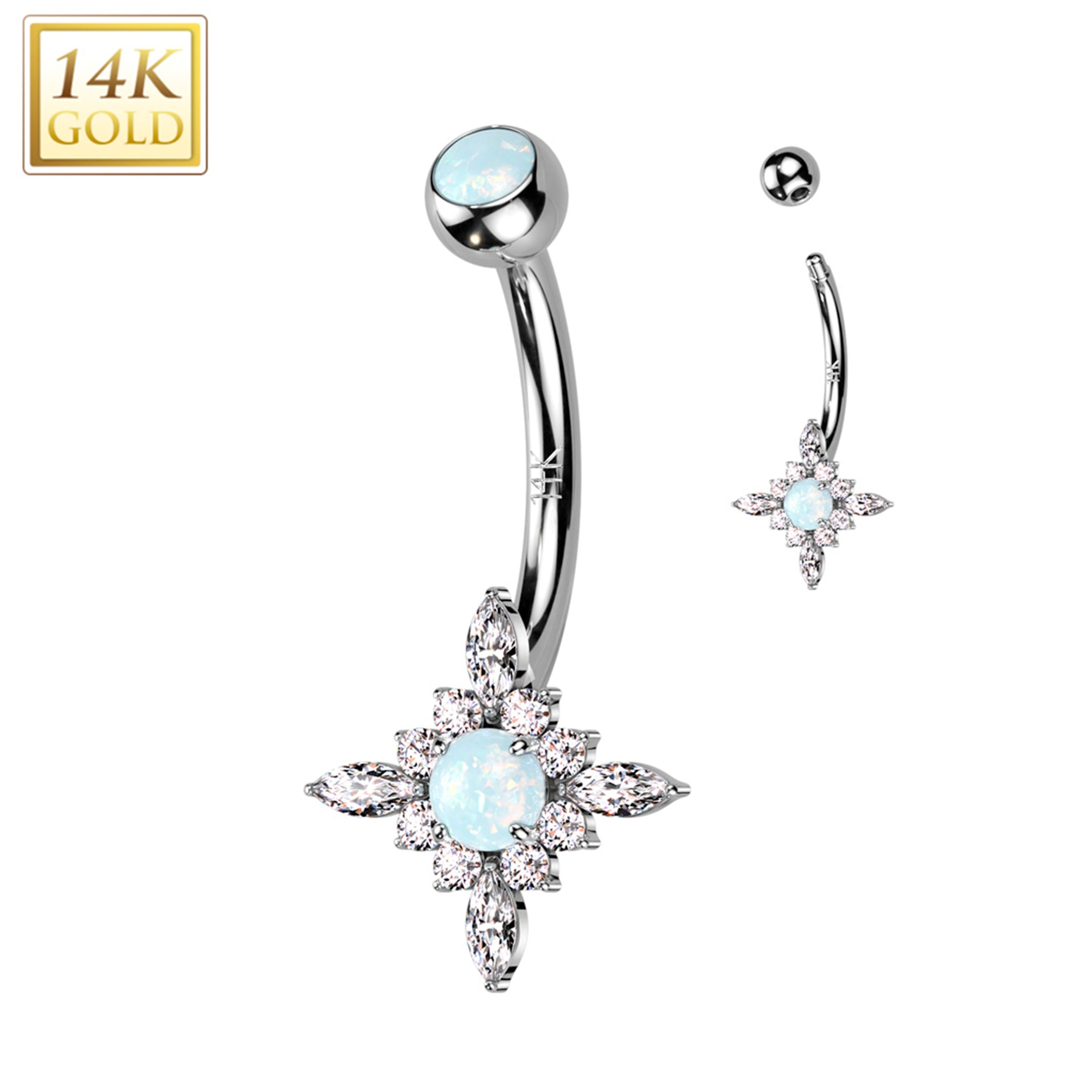 BodyCandy 14k Solid White Gold CZ Synthetic Opal Star Burst Belly Ring — main product shot