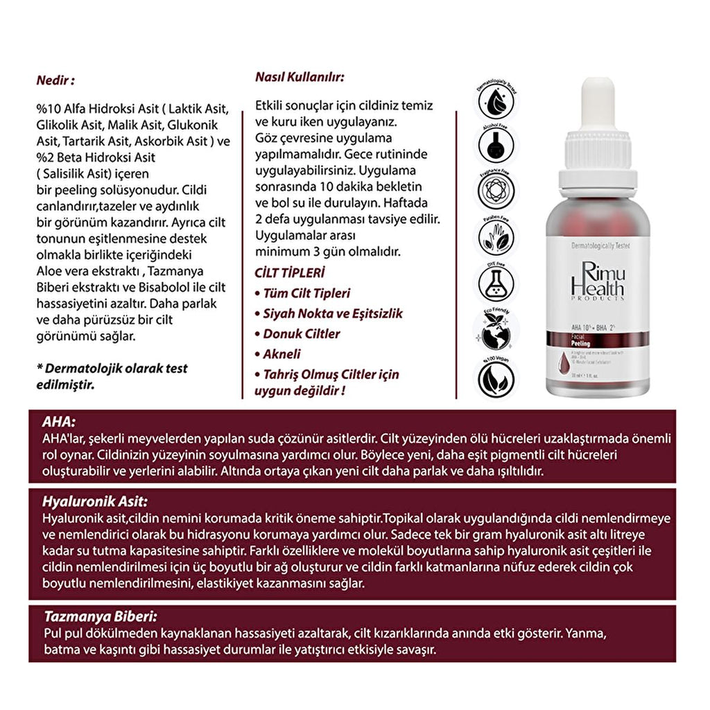 Rimu Health AHA BHA Peeling Serum: 10% AHA + 2% BHA - Exfoliates, Brightens, Evens Skin Tone - Glycolic & Salicylic Acid Serum