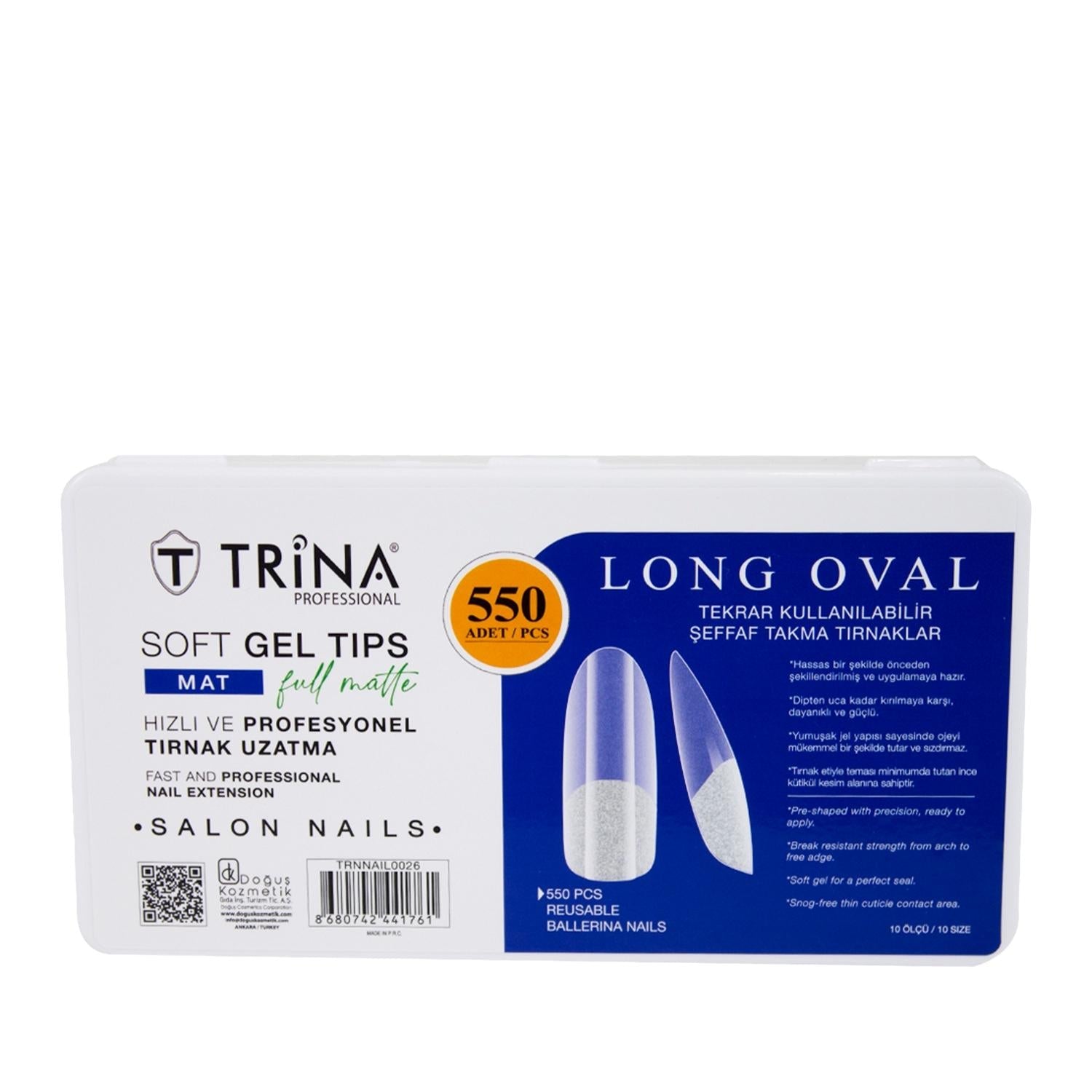 Trina Artificial Nails - Soft Gel Long Oval Matte Finish 550 Units for Nail Beauty Enhancements