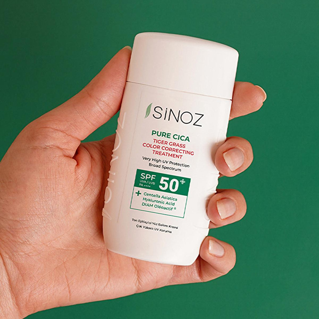 Sinoz Cica Tiger Grass Tinted Sunscreen SPF50+: Color Correcting, Redness Reducing Mineral Sunscreen with Hyaluronic Acid - Evens Skin Tone