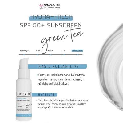 Skin401 SPF50+ Hydra-Fresh Sunscreen: Vegan, Cruelty-Free Sun Protection with Green Tea, Aloe & Hyaluronic Acid for All Skin Types - 50ml