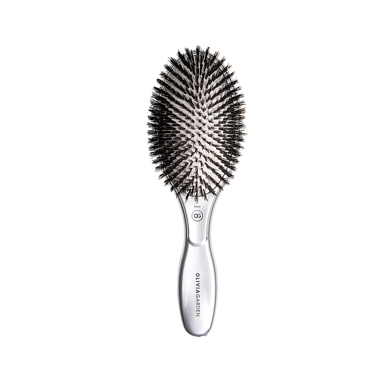 Olivia Garden Expert Care: Oval Boar Bristle Hair Brush for Ultimate Shine & Hair Health - Silver Styling Tool