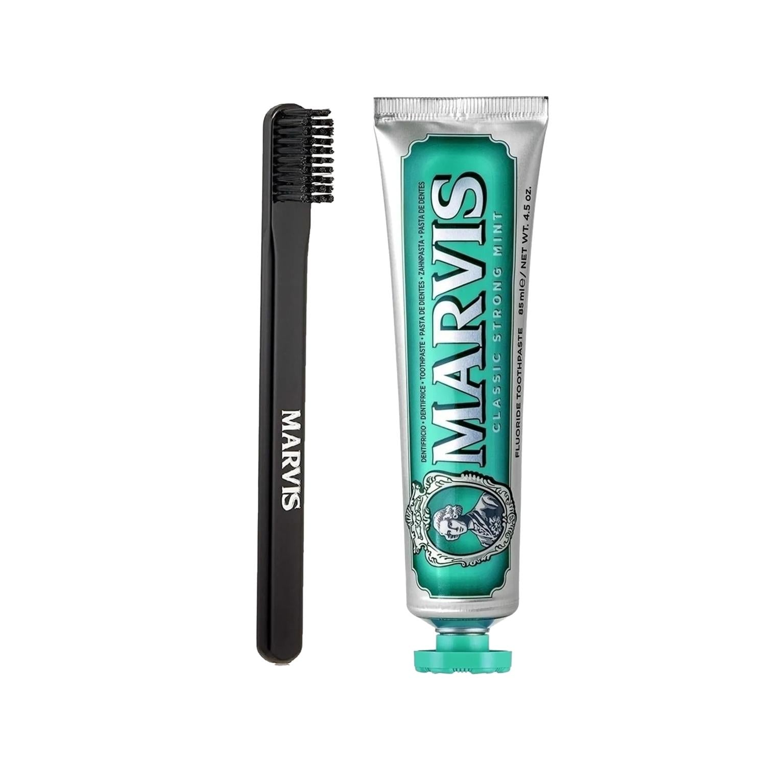 Marvis Classic Strong Mint Toothpaste and Toothbrush Set - Premium Oral Care with Refreshing Mint Flavor