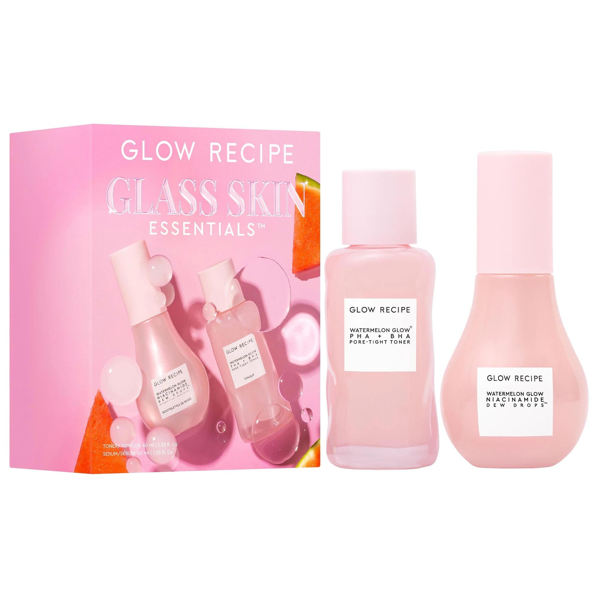 Glow Recipe Glass Skin Essentials Set: Watermelon Niacinamide & PHA BHA - Pore Tightening, Brightening, and Hydrating for Dewy Skin