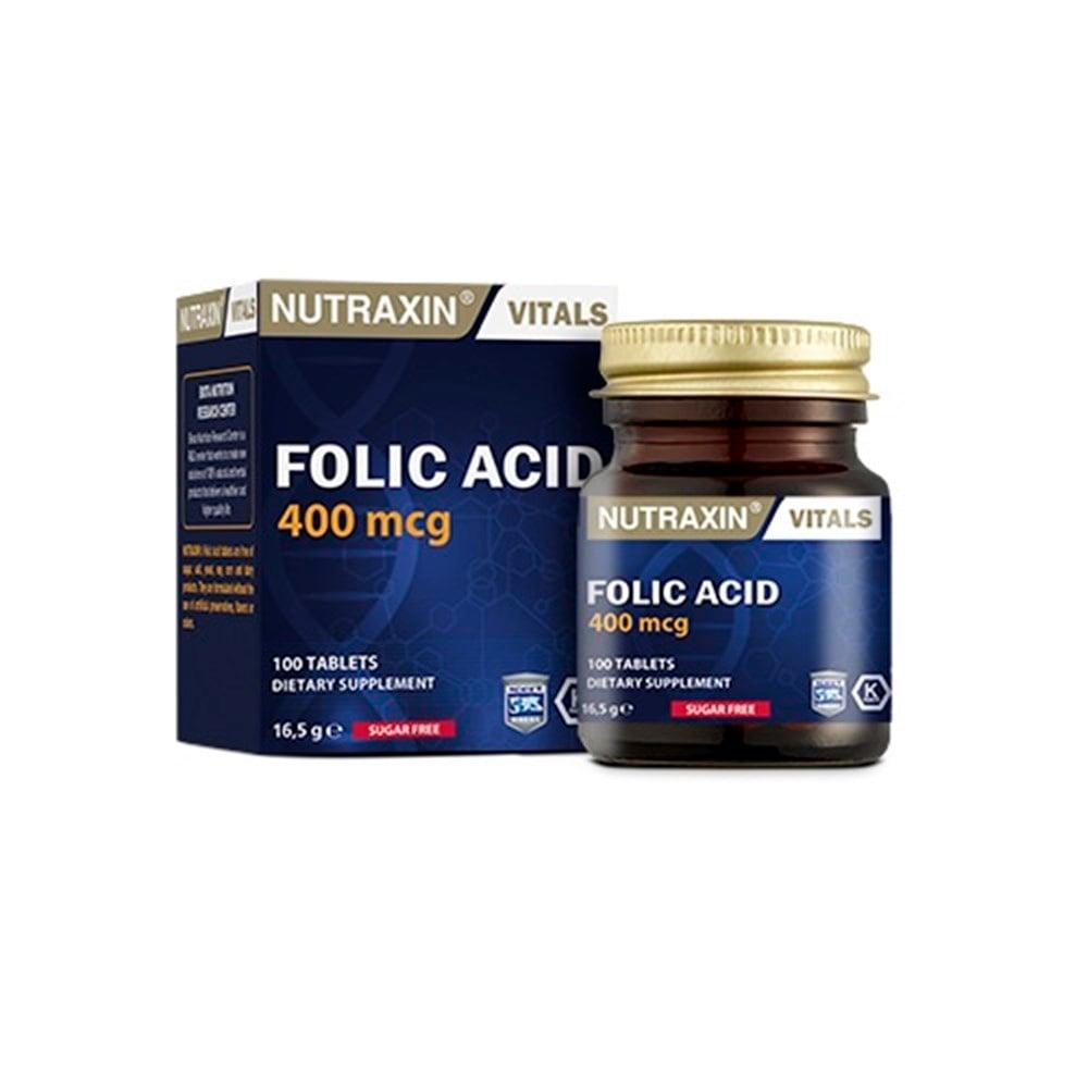 Nutraxin Folic Acid 400 mcg Dietary Supplement - 100 Tablets, Vegan & Allergen-Free