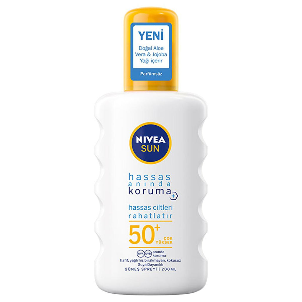 Nivea Sun SPF 50+ Sensitive Immediate Protection Sunscreen Spray: Fragrance-Free, High UVA/UVB Defense for Delicate Skin - Water Resistant