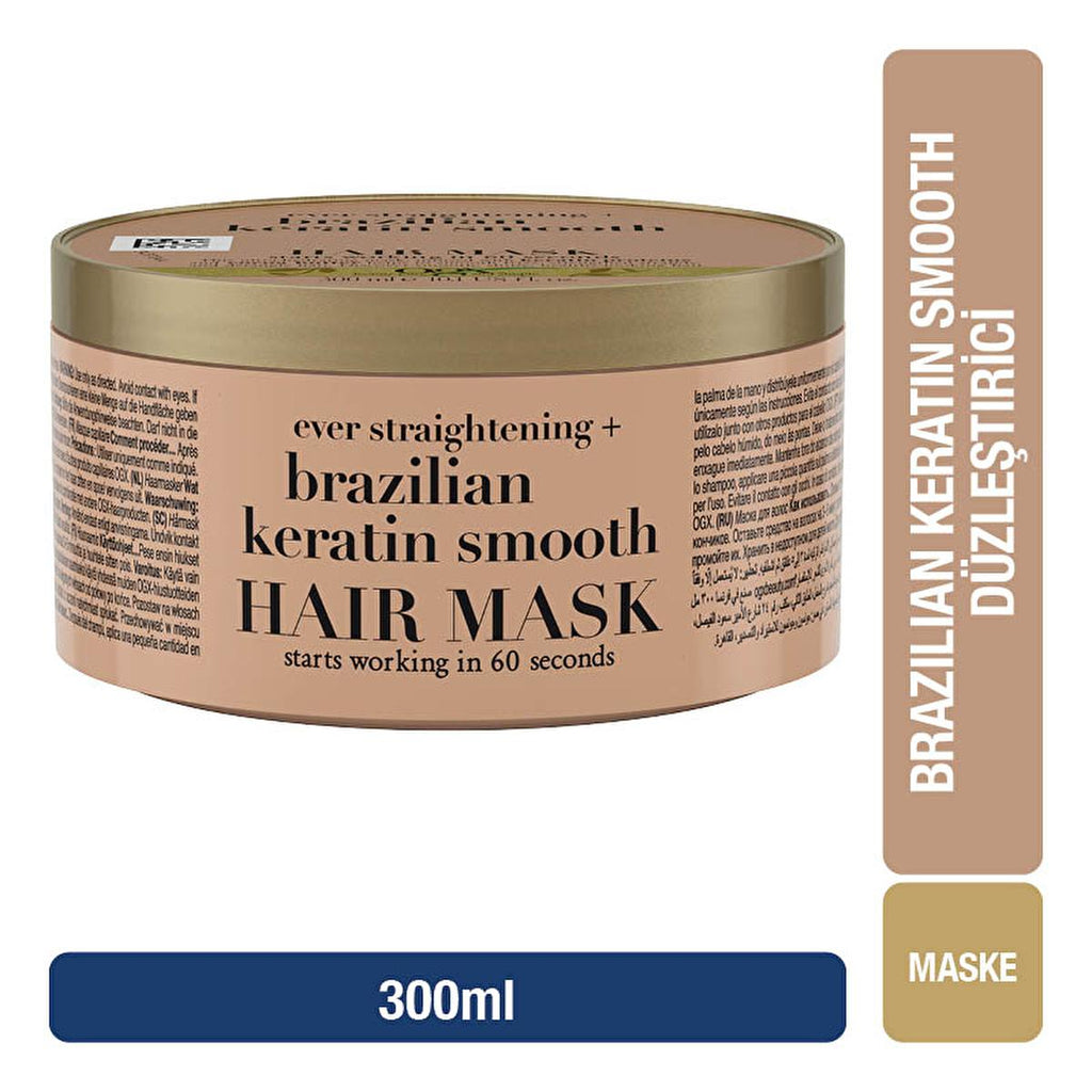 OGX Brazilian Keratin Smooth Hair Mask: Sulfate-Free, Frizz Control & Smoothing Treatment for Curly & Wavy Hair - 10.14 fl oz