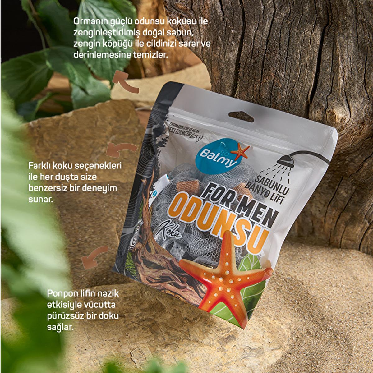 Balmy: All-In-One Woody Scented Soap Infused Bath Sponge for Men - Exfoliating, Convenient, Travel-Friendly Body Scrubber