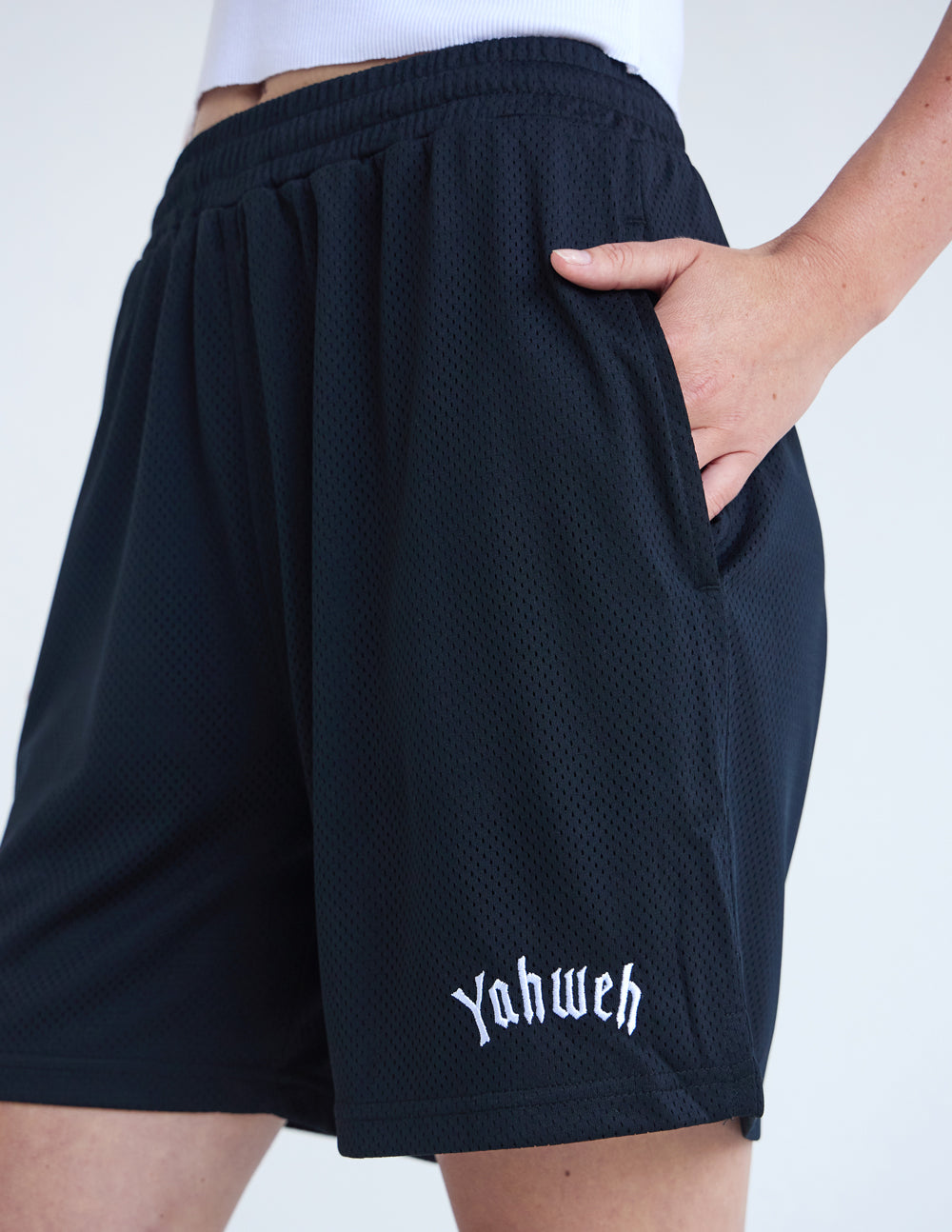 Elevated Faith Yahweh Unisex Mesh Short — detail close-up