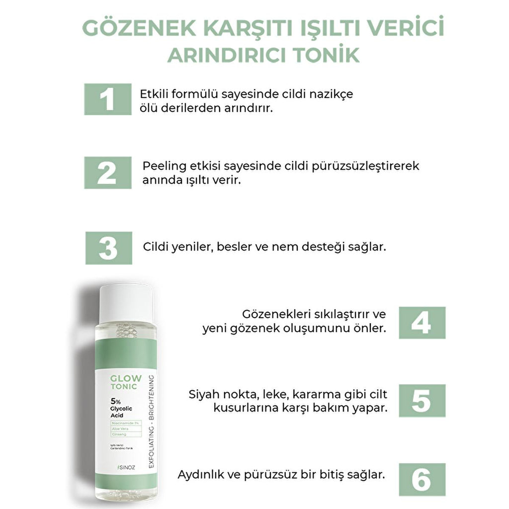 Sinoz Glow Tonik: Glycolic Acid Facial Toner for Exfoliating, Brightening & Pore Minimizing - Aloe Vera, Ginseng, Niacinamide - Radiant Skin