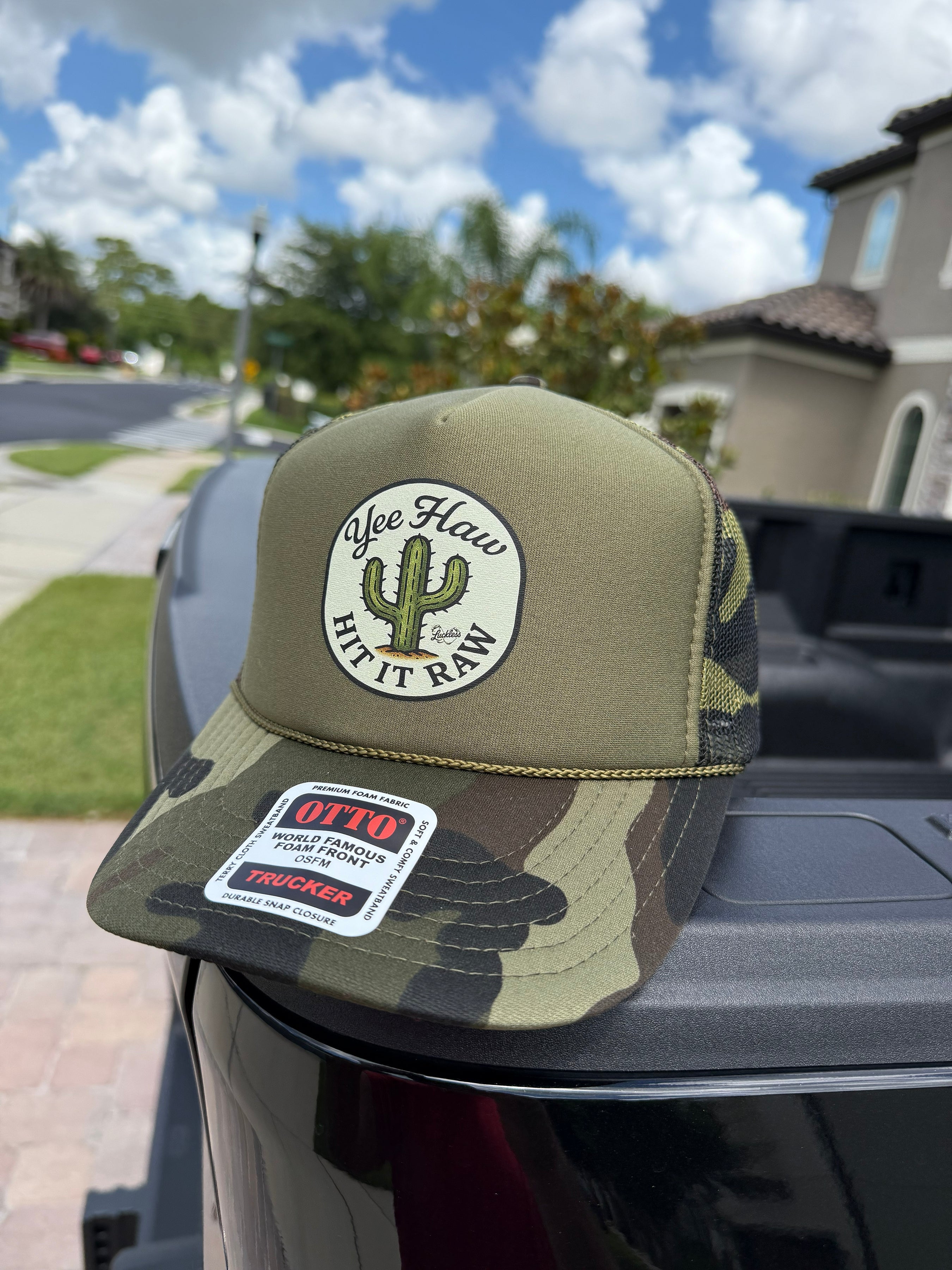 Luckless Outfitters Yee Haw Hit it Raw Camo Trucker — lifestyle context