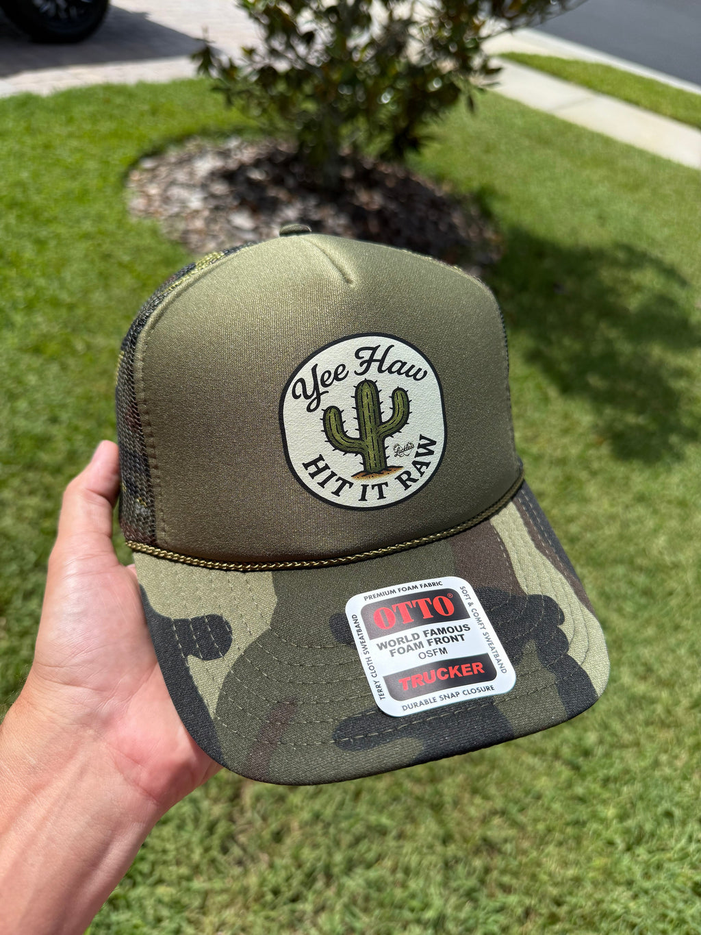 Luckless Outfitters Yee Haw Hit it Raw Camo Trucker — alternative angle