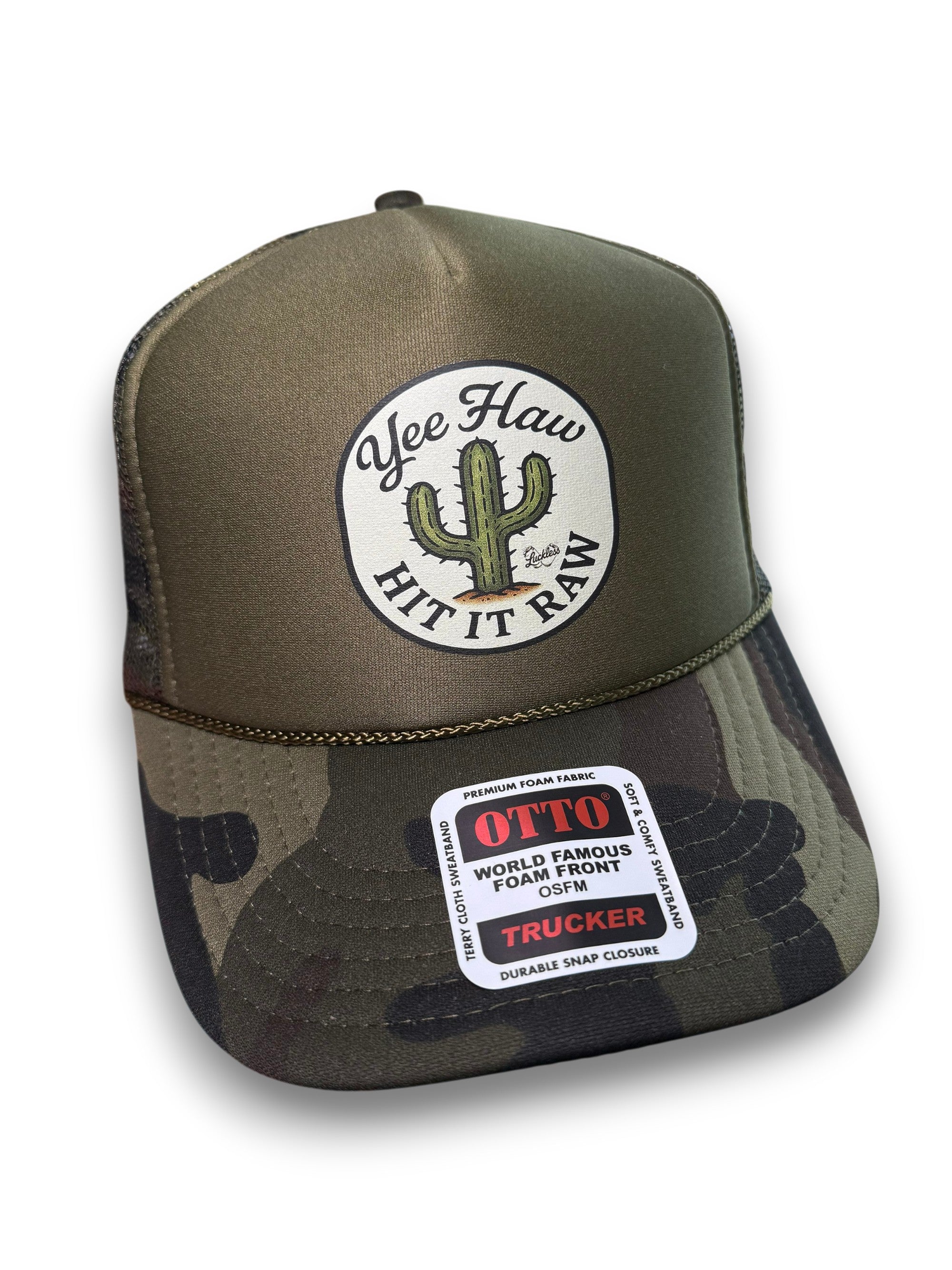 Luckless Outfitters Yee Haw Hit it Raw Camo Trucker — main product shot
