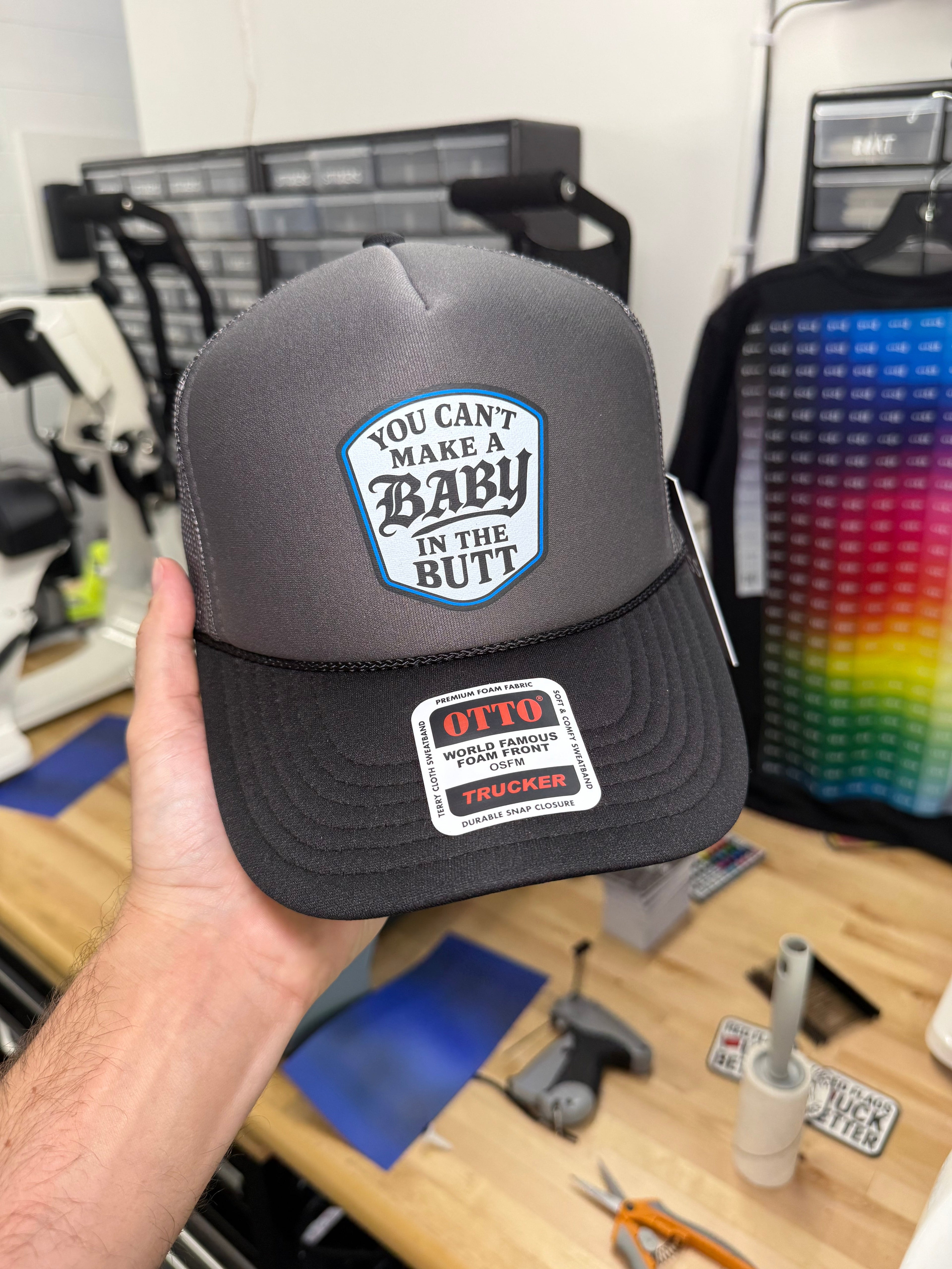 Luckless Outfitters You Cant Make A Baby In The Butt Trucker Hat — color detail