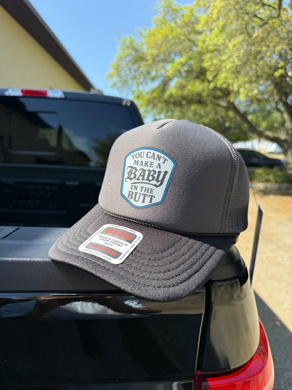 Luckless Outfitters You Cant Make A Baby In The Butt Trucker Hat — detail close-up