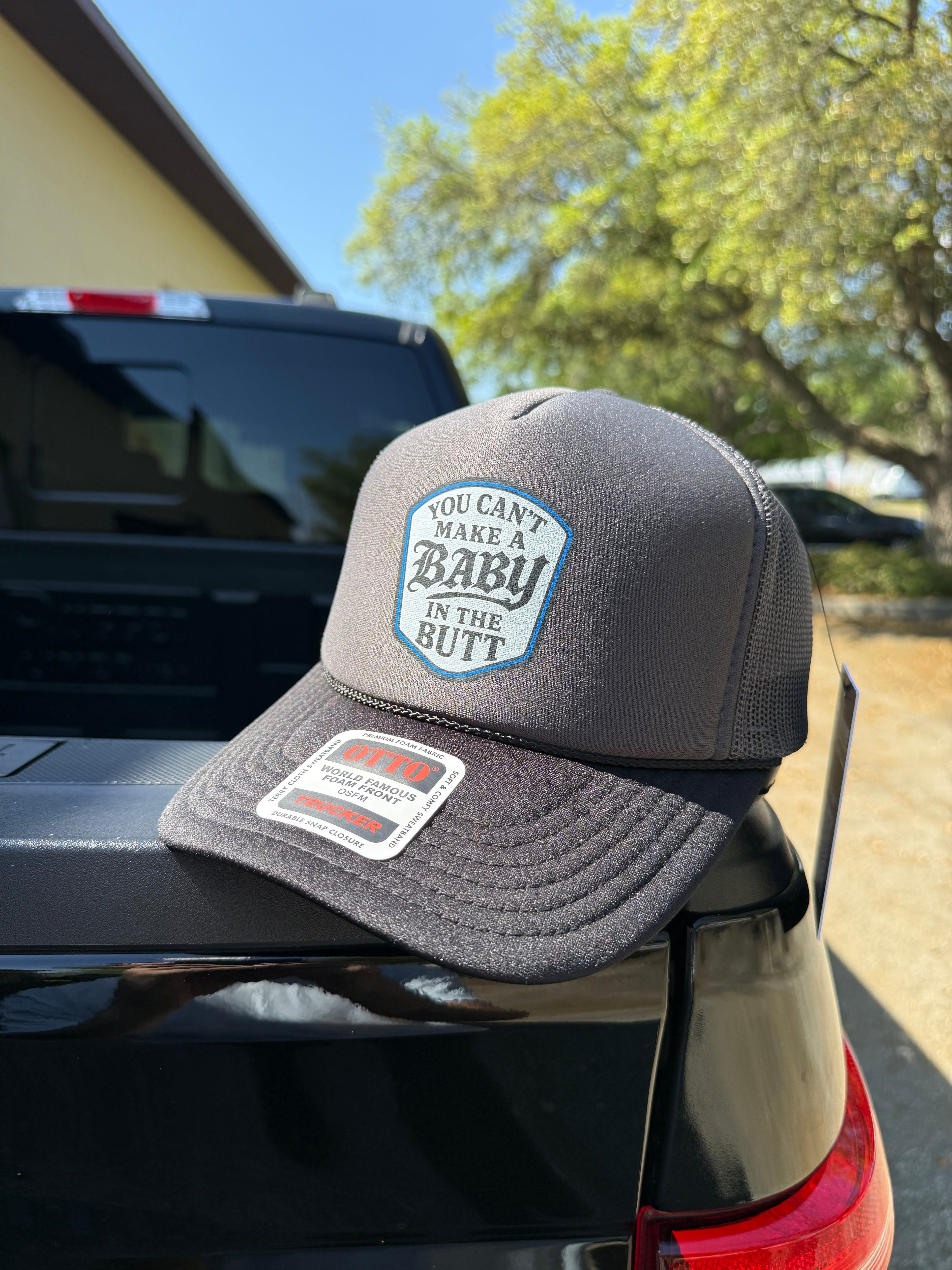 Luckless Outfitters You Cant Make A Baby In The Butt Trucker Hat — detail close-up