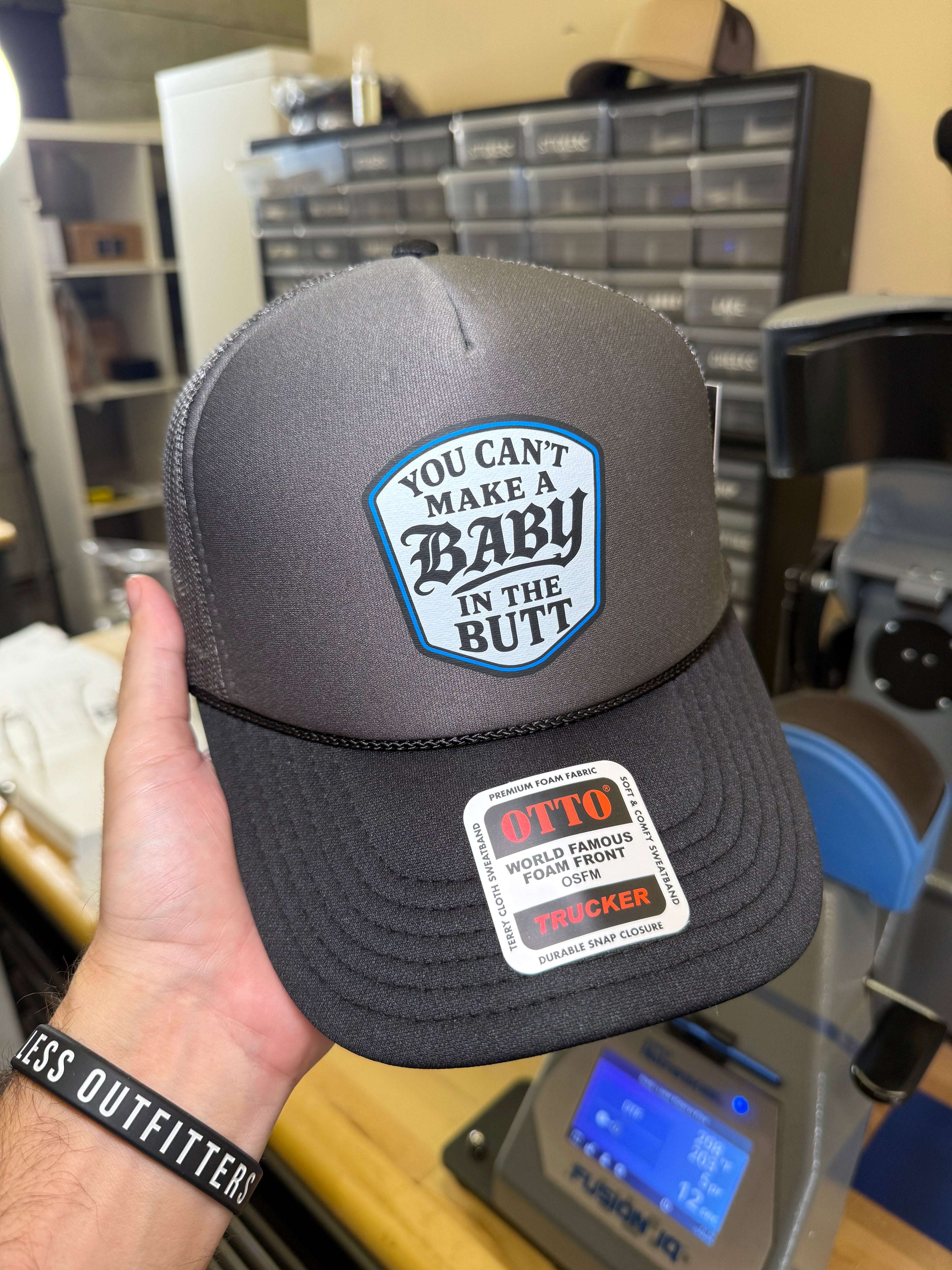 Luckless Outfitters You Cant Make A Baby In The Butt Trucker Hat — in-use photo