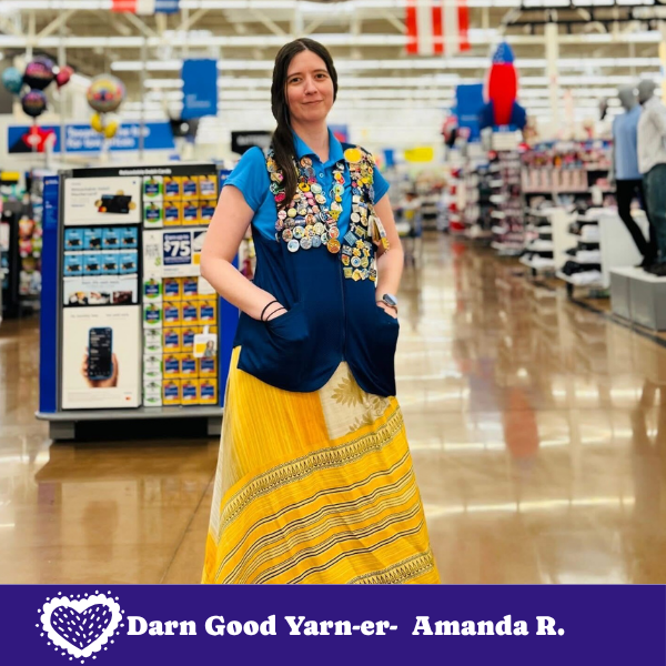 Darn Good Yarn Made With Love: The Original Sari Wrap Skirt — Darn Good Yarn branding close-up
