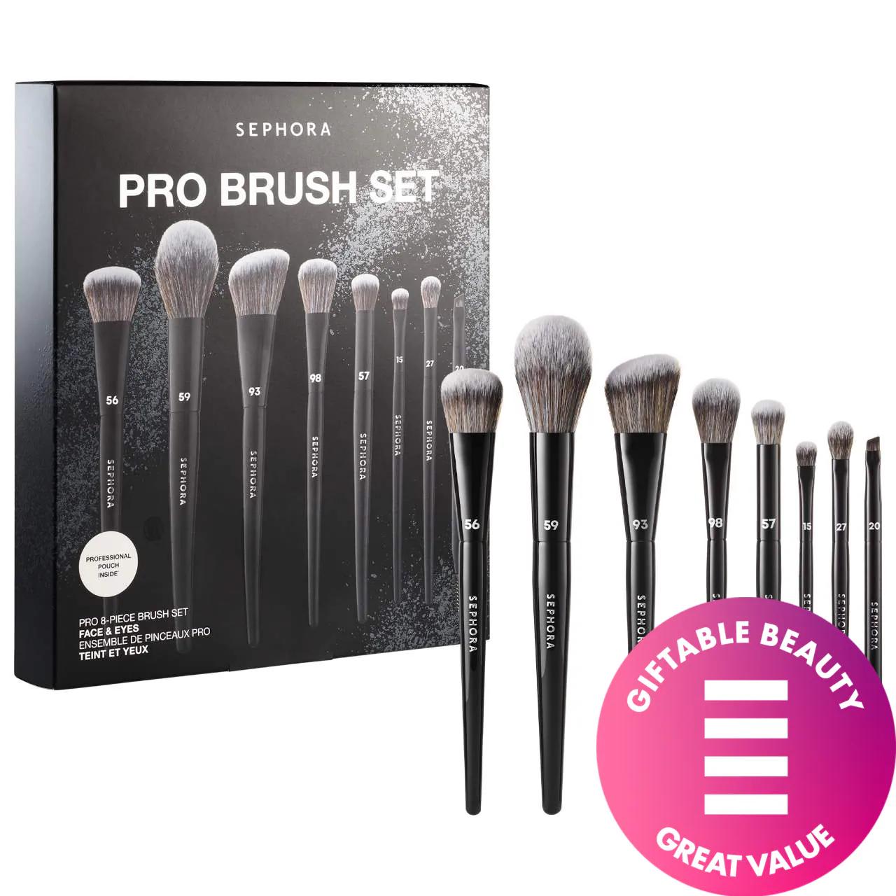 Sephora PRO Brush Set: 8-Piece Vegan & Cruelty-Free Makeup Brushes for Face & Eye - Complete Foundation, Shadow, and Brow Application