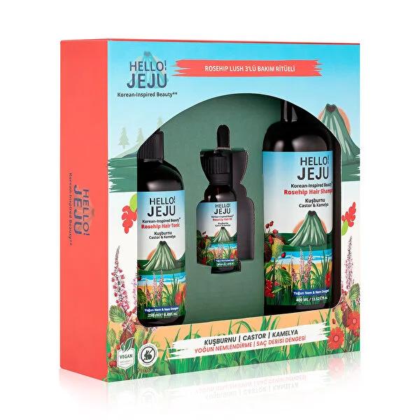 Hello Jeju: Intense Moisture & Scalp Balance Hair Care Set - Rosehip, Camellia & Castor Oils - Shampoo, Tonic & Hair Oil for Dry, Damaged Hair