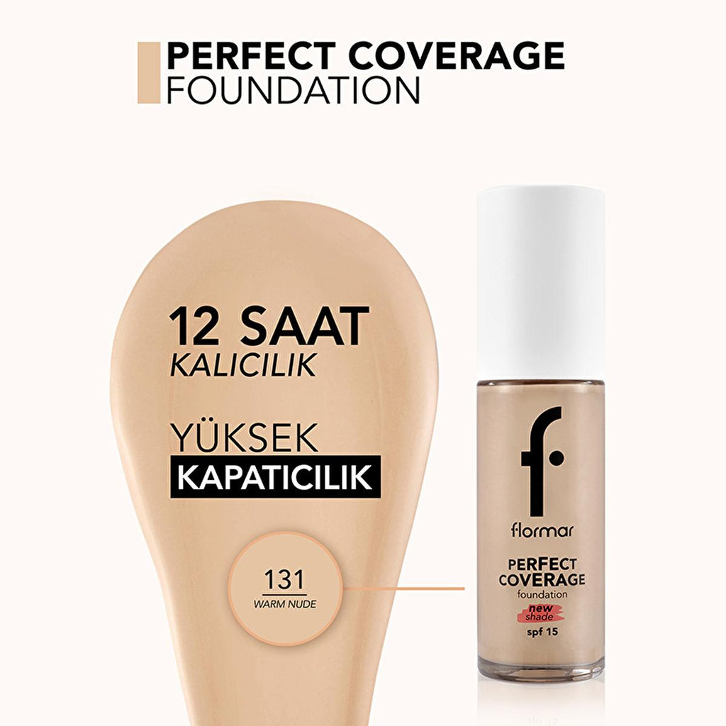 Flormar Perfect Coverage Foundation 131 Warm Nude - Long-Lasting Nourishing Makeup with SPF 15