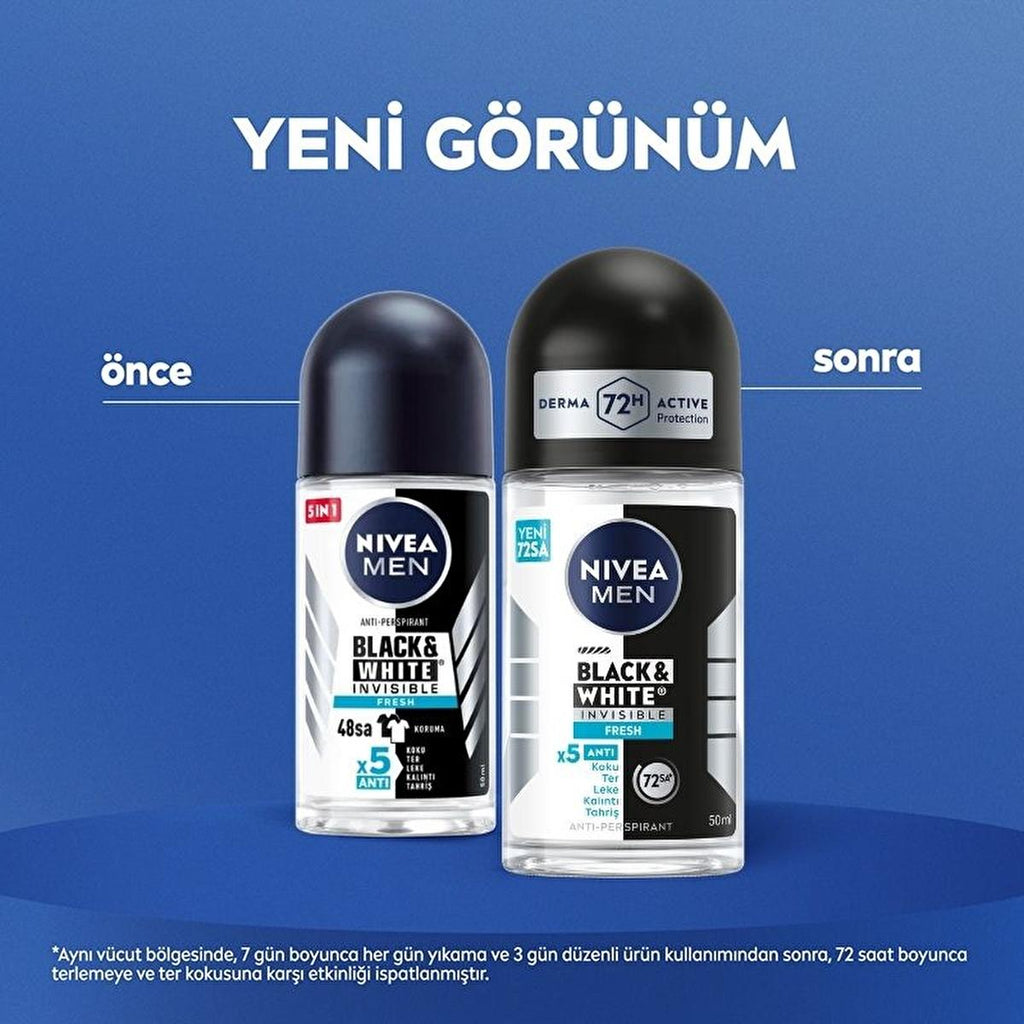 Nivea Men Black & White Invisible Fresh Deodorant Roll-On - Long Lasting Anti-Perspirant Protection for Men, 72 Hours Sweat & Odor Control, Anti-Stain, Dermatologically Tested