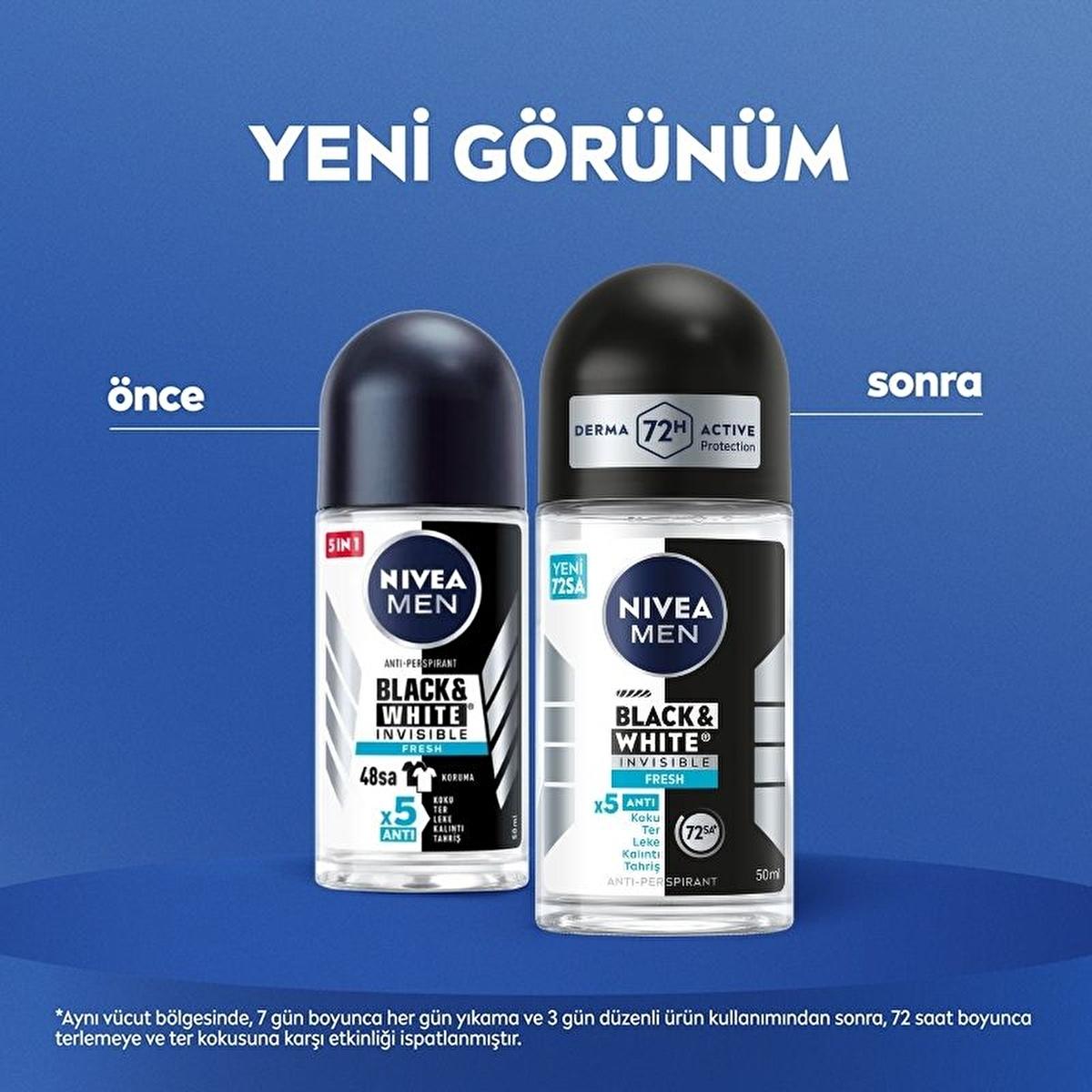 Nivea Men Black & White Invisible Fresh Deodorant Roll-On - Long Lasting Anti-Perspirant Protection for Men, 72 Hours Sweat & Odor Control, Anti-Stain, Dermatologically Tested