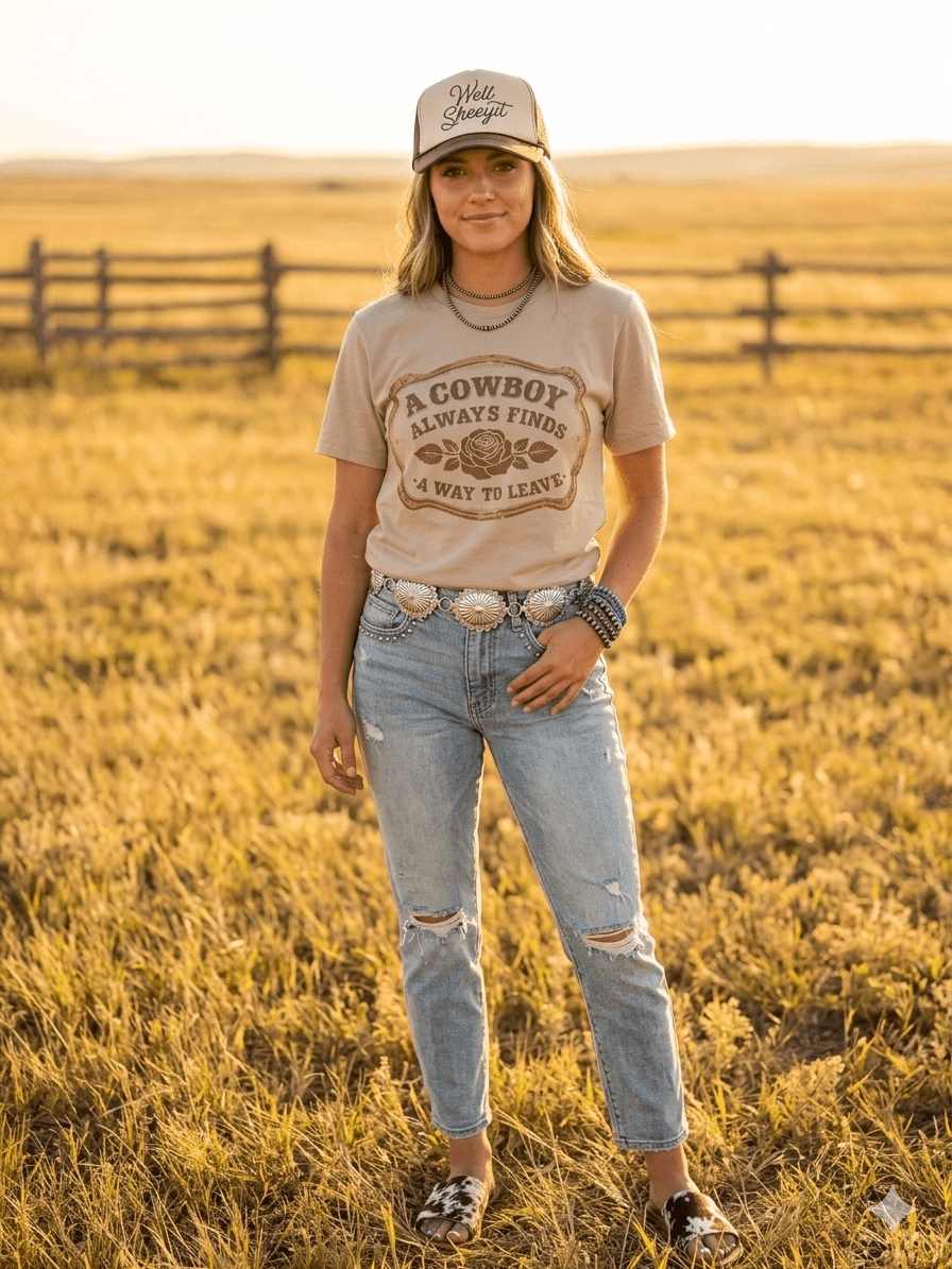Wild Junkie A Cowboy Always Finds A Way To Leave Graphic Tee — Wild Junkie branding close-up