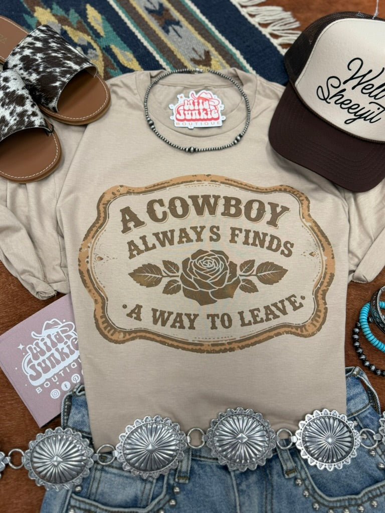 Wild Junkie A Cowboy Always Finds A Way To Leave Graphic Tee — construction detail